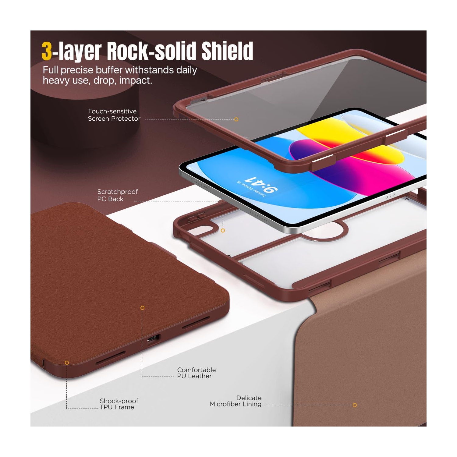 iPad 10th Generation Case with Pencil Holder, 10.9", Built-in Screen Protector Clear Back, Multi Angle Viewing Stand, Auto Wake/Sleep, Brown