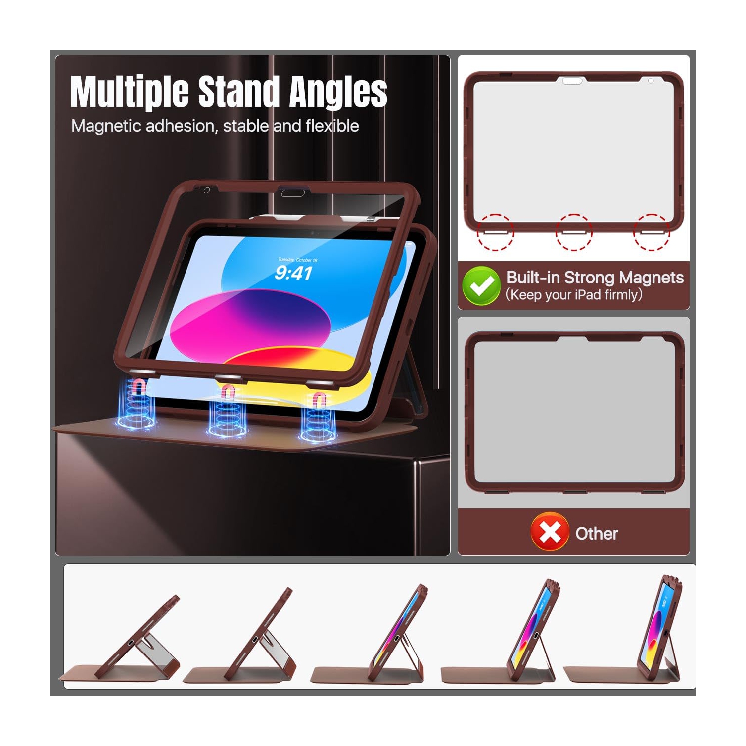 iPad 10th Generation Case with Pencil Holder, 10.9", Built-in Screen Protector Clear Back, Multi Angle Viewing Stand, Auto Wake/Sleep, Brown