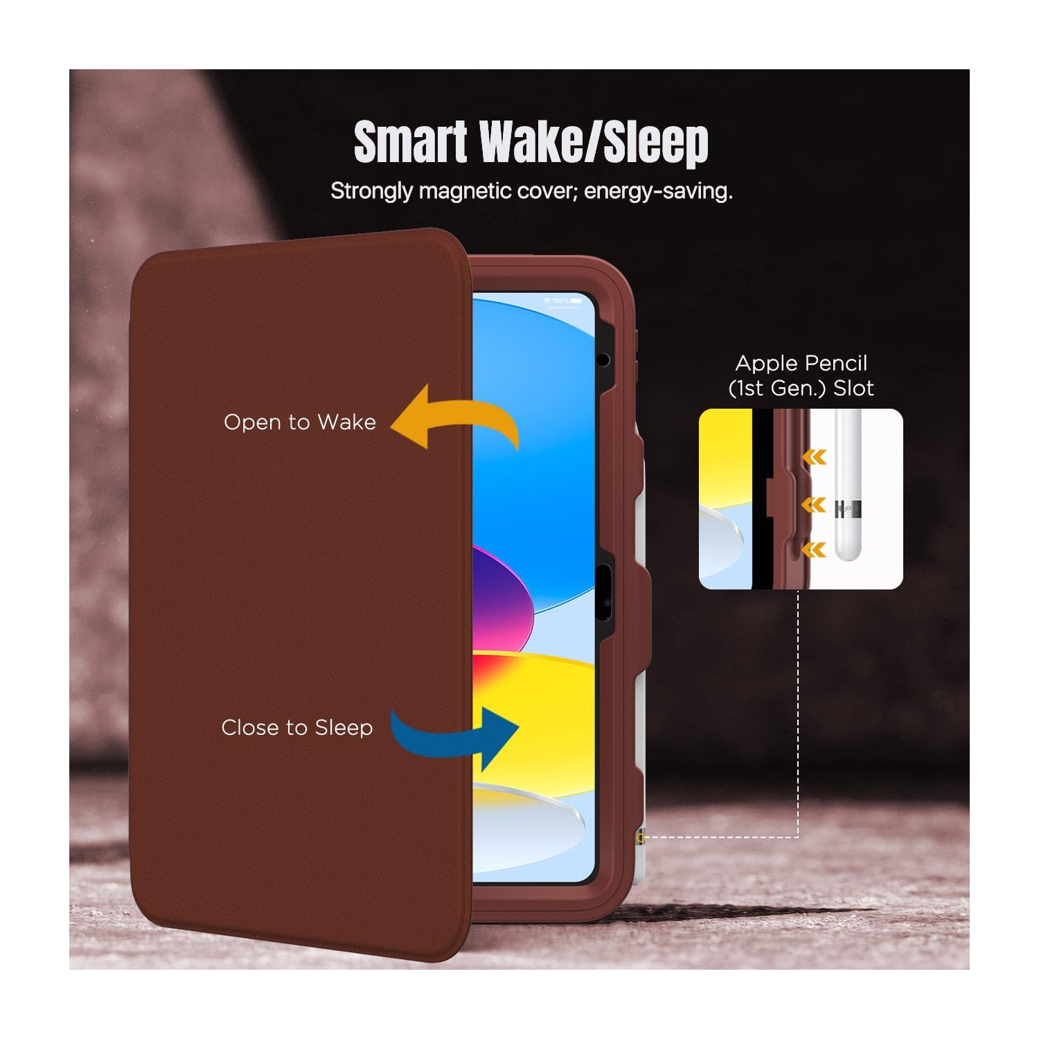 iPad 10th Generation Case with Pencil Holder, 10.9", Built-in Screen Protector Clear Back, Multi Angle Viewing Stand, Auto Wake/Sleep, Brown