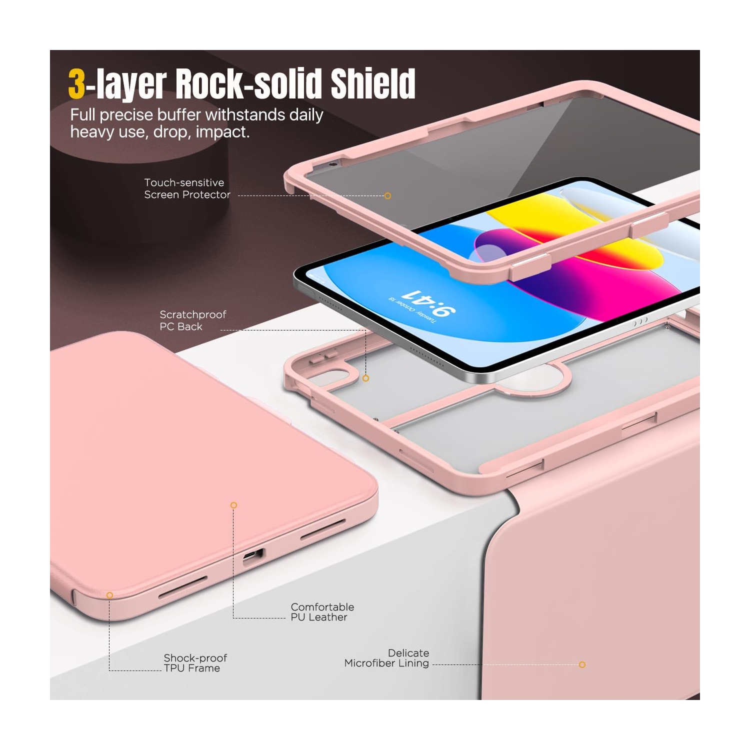 iPad 10th Generation Case with Pencil Holder,10.9", Built-in Screen Protector Clear Back, Multi Angle Viewing Stand, Auto Wake/Sleep, Rose Gold