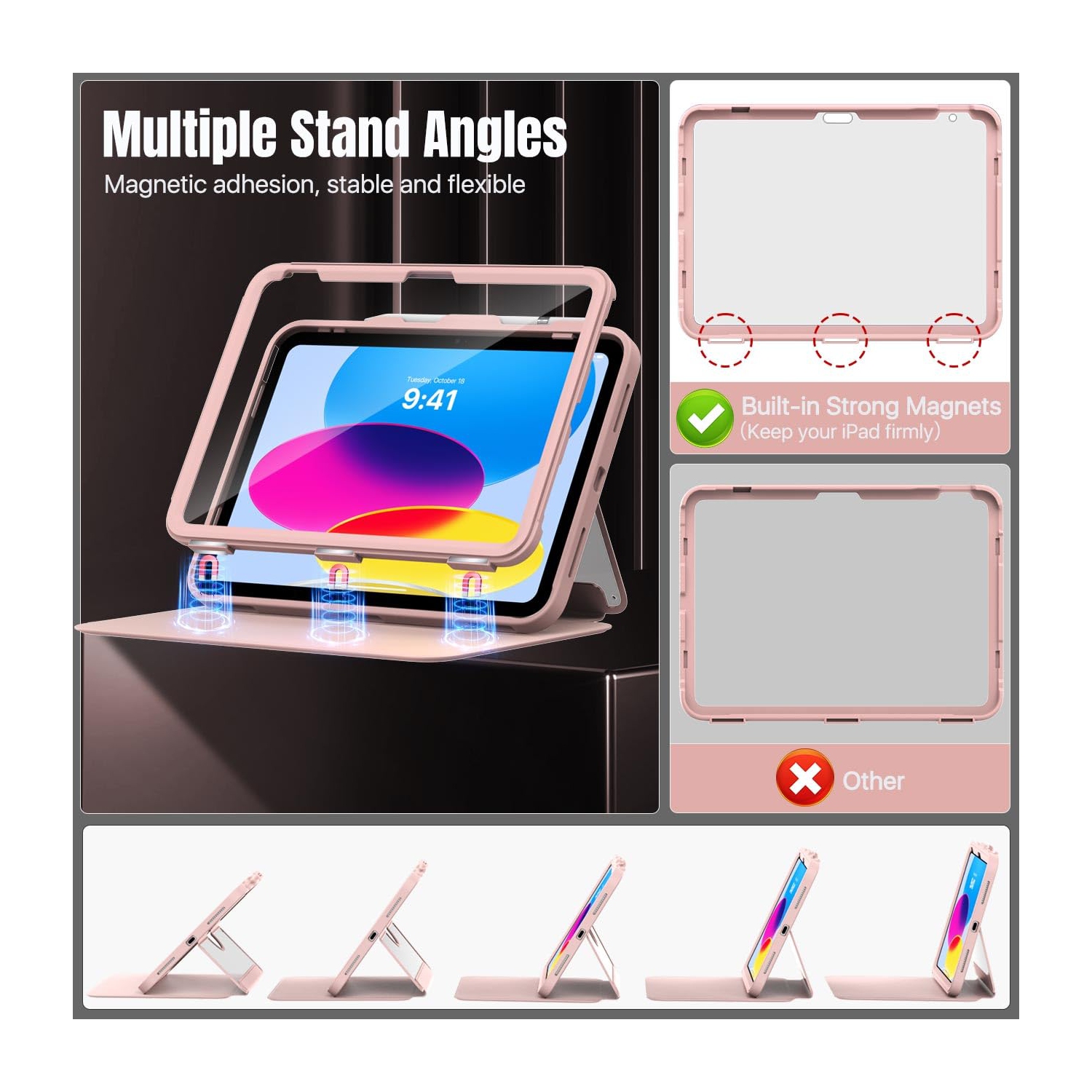 iPad 10th Generation Case with Pencil Holder,10.9", Built-in Screen Protector Clear Back, Multi Angle Viewing Stand, Auto Wake/Sleep, Rose Gold
