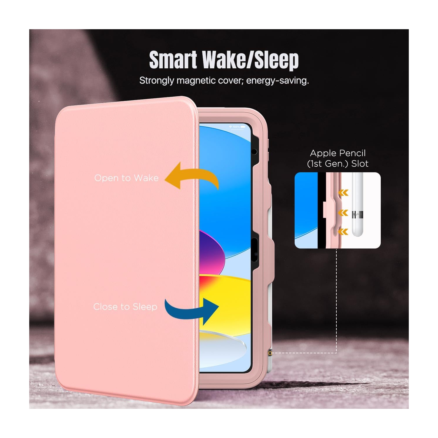 iPad 10th Generation Case with Pencil Holder,10.9", Built-in Screen Protector Clear Back, Multi Angle Viewing Stand, Auto Wake/Sleep, Rose Gold