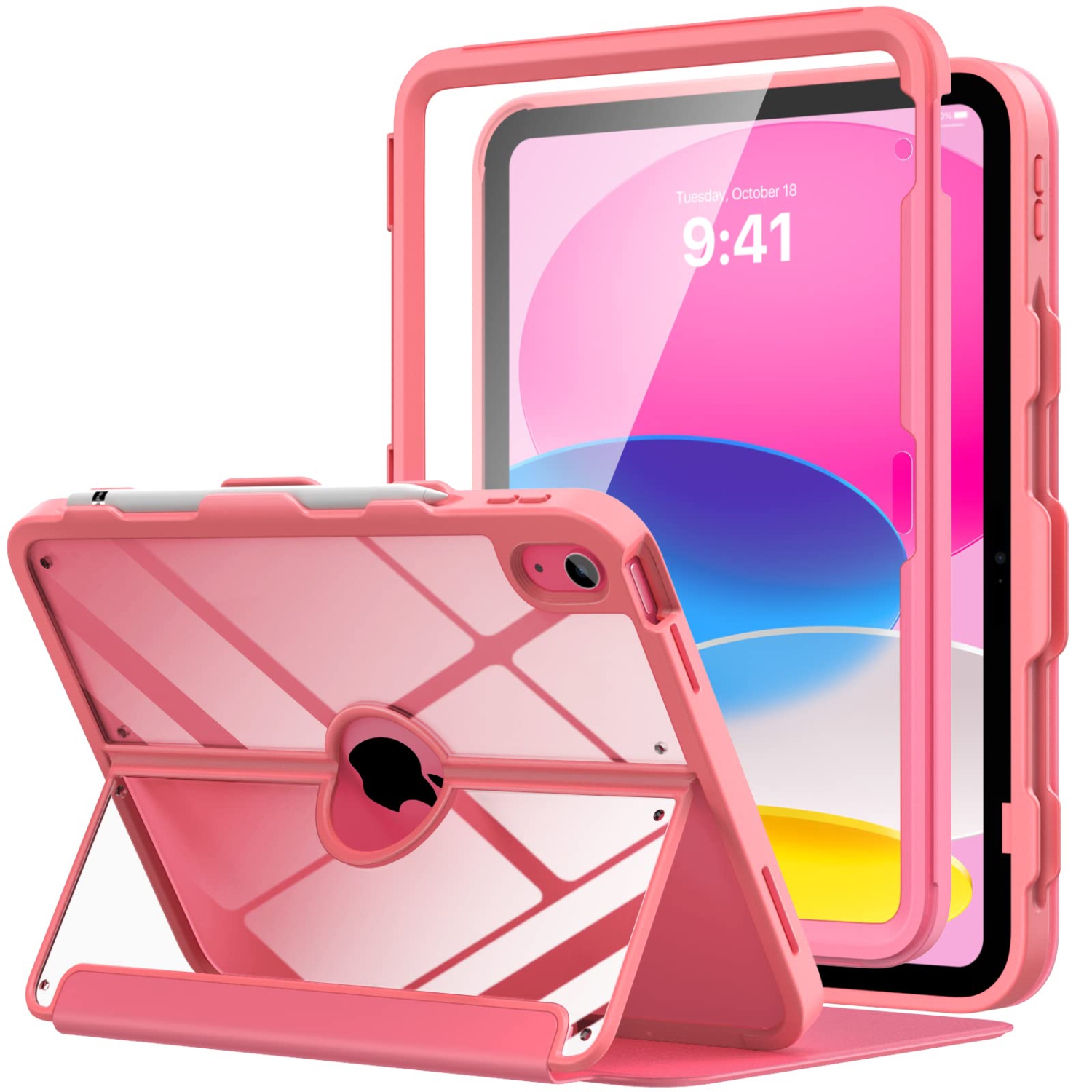 iPad 10th Generation Case with Pencil Holder, Built-in Screen Protector Clear Back, Stain Resistant Multi Angle Viewing Stand, Auto Wake/Sleep,