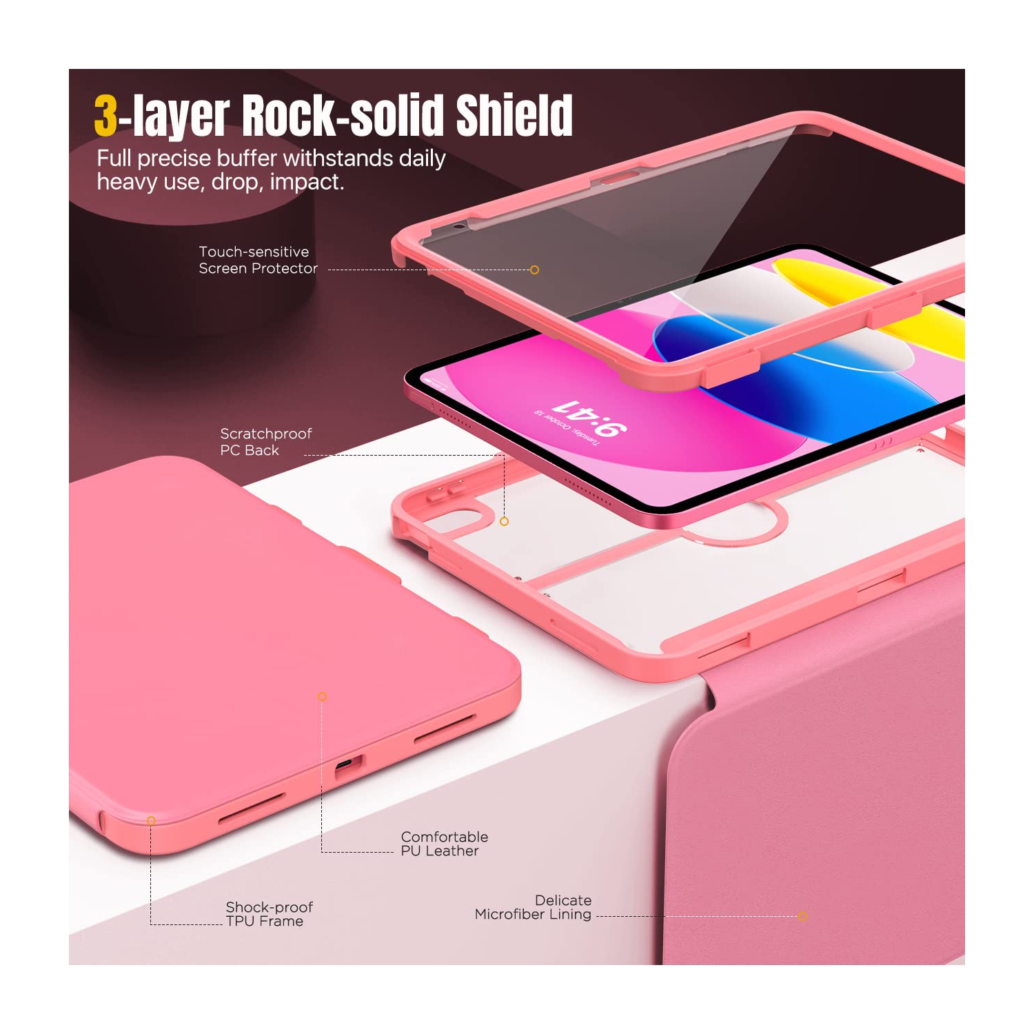 iPad 10th Generation Case with Pencil Holder, Built-in Screen Protector Clear Back, Stain Resistant Multi Angle Viewing Stand, Auto Wake/Sleep,