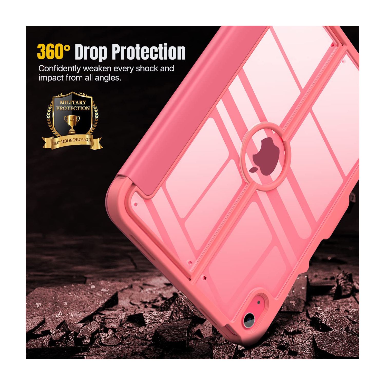 iPad 10th Generation Case with Pencil Holder, Built-in Screen Protector Clear Back, Stain Resistant Multi Angle Viewing Stand, Auto Wake/Sleep,