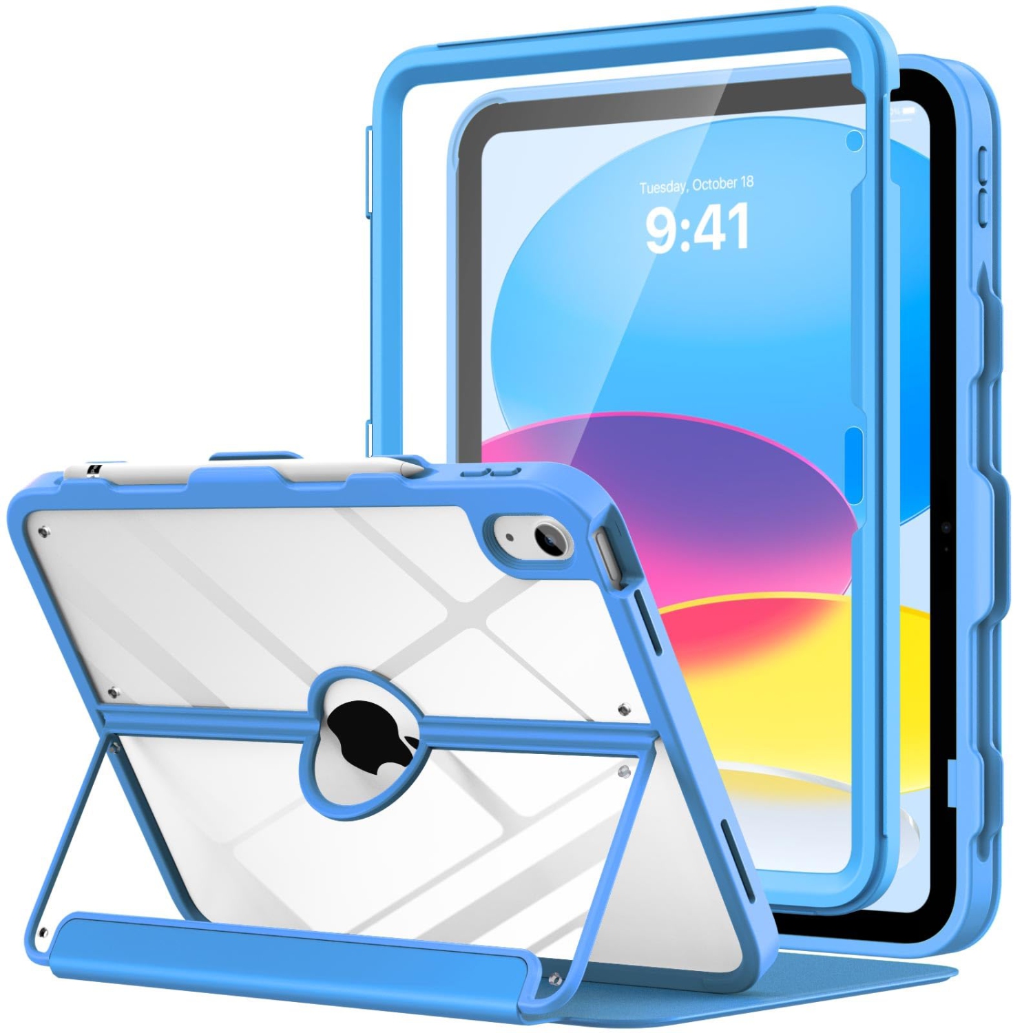iPad 10th Generation Case with Pencil Holder,10.9", Built-in Screen Protector Clear Back, Stain Resistant Multi Angle Viewing Stand, Auto Wake/Sleep,