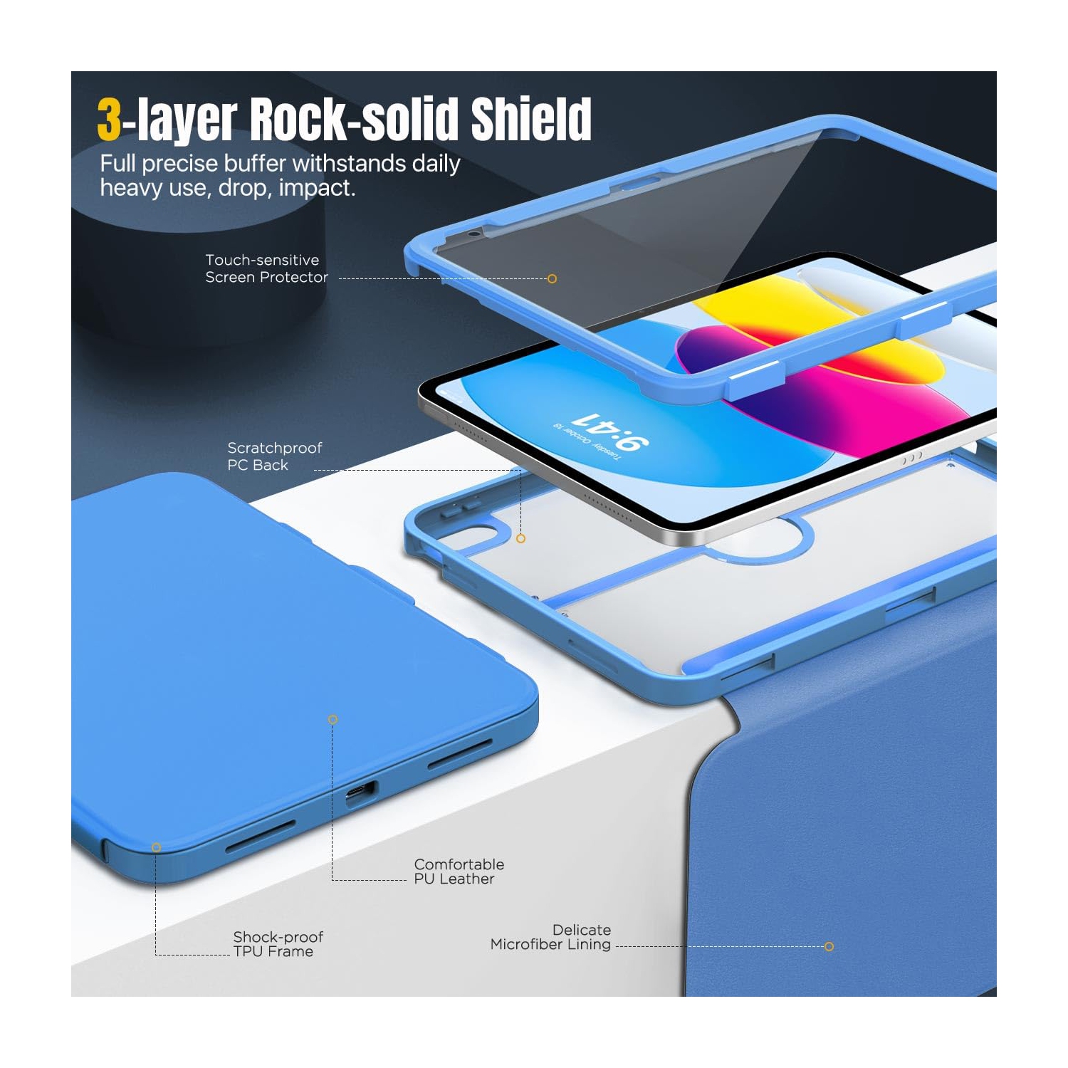 iPad 10th Generation Case with Pencil Holder,10.9", Built-in Screen Protector Clear Back, Stain Resistant Multi Angle Viewing Stand, Auto Wake/Sleep,