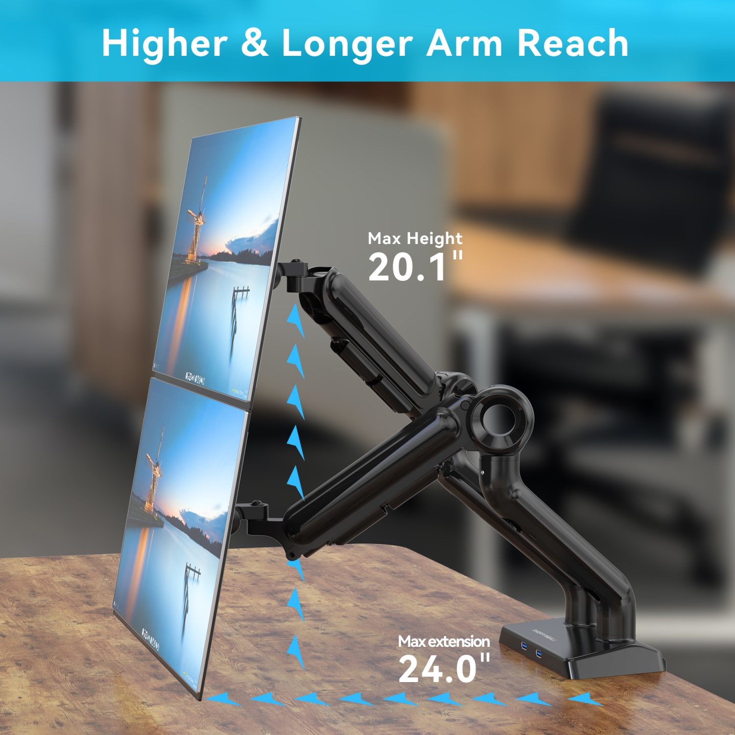 Refurbished - SHOPPINGALL Heavy Duty Dual Monitor Mount for 13 to 35 inch VESA Compatible Screens, Each Pneumatic Gas Spring Arm Supports up to