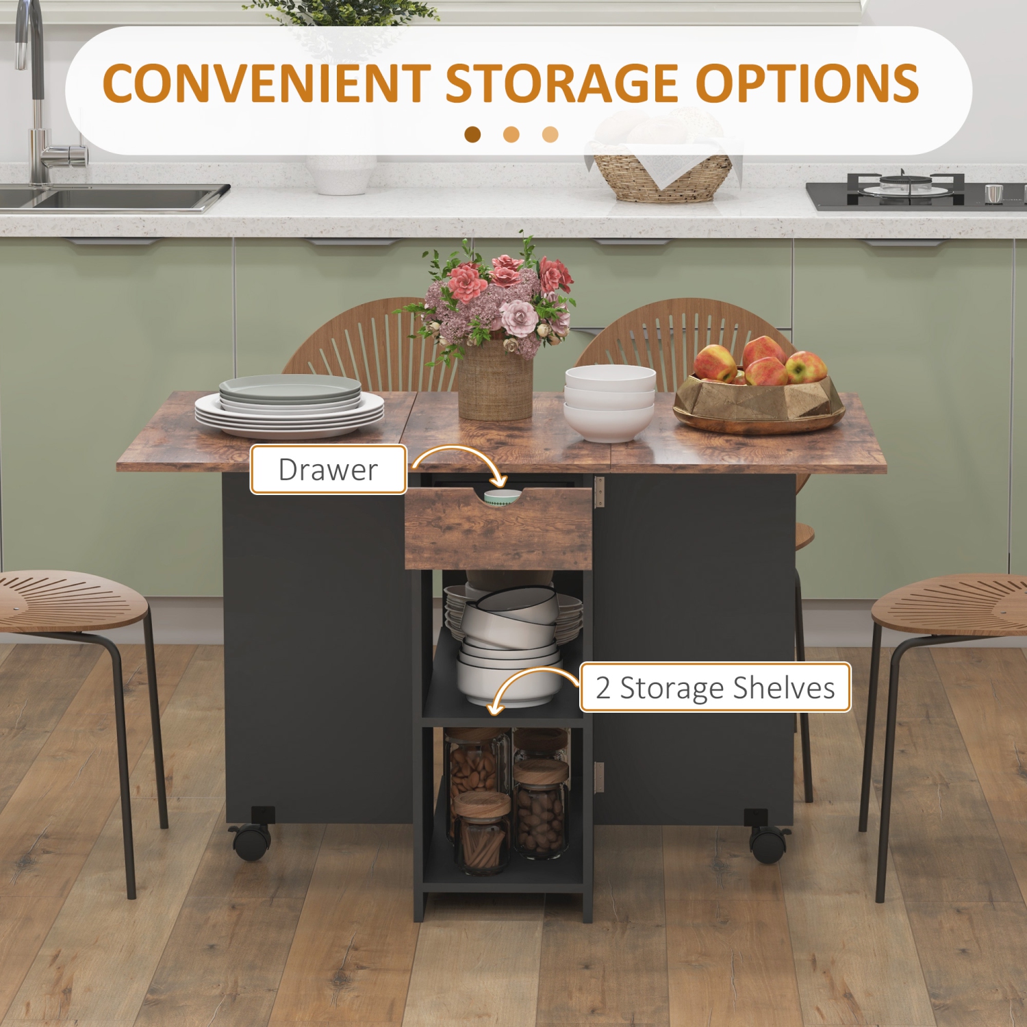 Table pliante de HOMCOM avec tiroir et tablettes de rangement, table à abattant peu encombrante pour la cuisine, salle à manger, salon, brun rustique