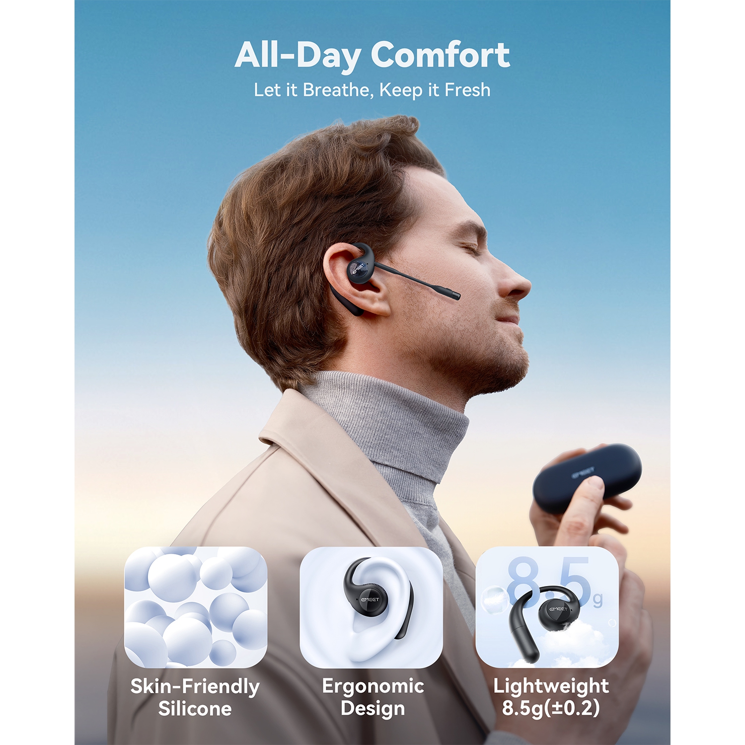EMEET AirFlow Open Ear Headphones, Bluetooth 5.3 Wireless Headsets with Detachable Microphone, 40 Hours Playtime, IPX5, Wireless Earbuds, Multipoint