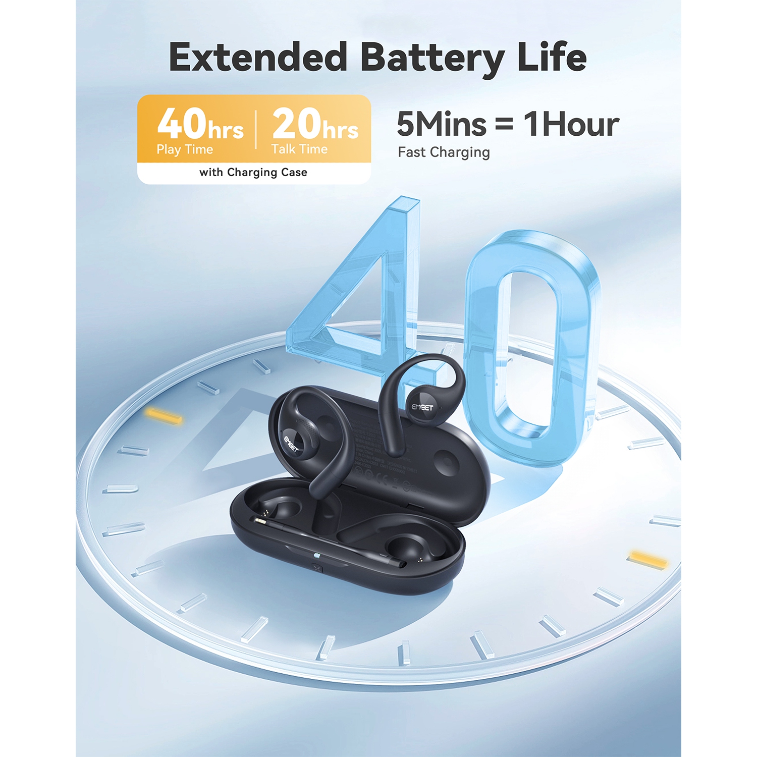 EMEET AirFlow Open Ear Headphones, Bluetooth 5.3 Wireless Headsets with Detachable Microphone, 40 Hours Playtime, IPX5, Wireless Earbuds, Multipoint