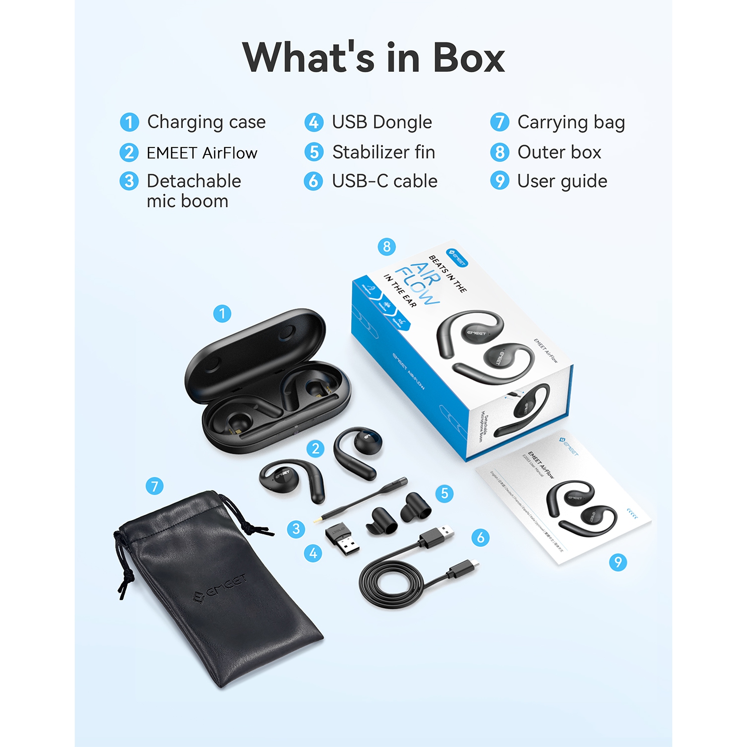 EMEET AirFlow Open Ear Headphones, Bluetooth 5.3 Wireless Headsets with Detachable Microphone, 40 Hours Playtime, IPX5, Wireless Earbuds, Multipoint