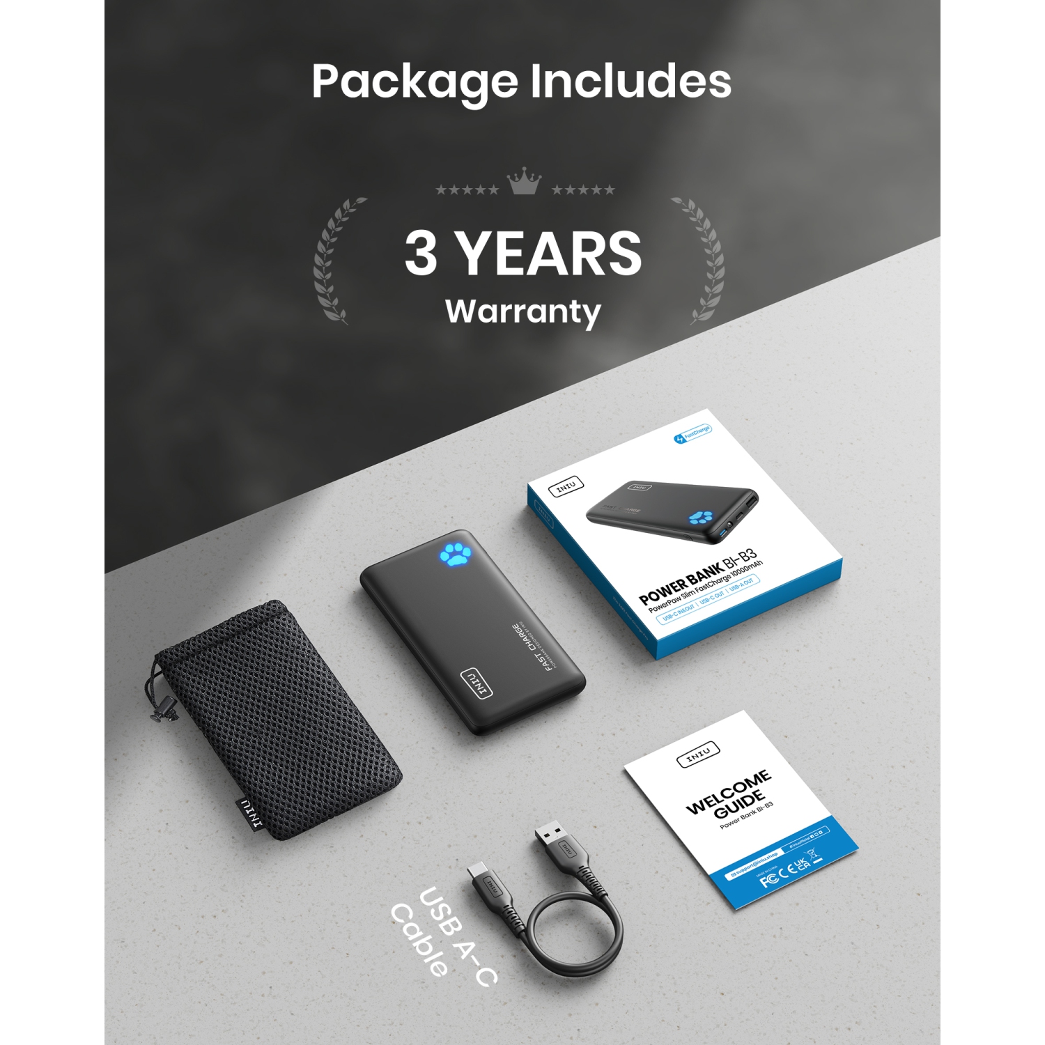 Chargeur portable USB-C à chargement rapide 20&nbsp;W PD d'10000&nbsp;mAh le plus mince d'INIU pour iPhone, Samsung et plus - Noir