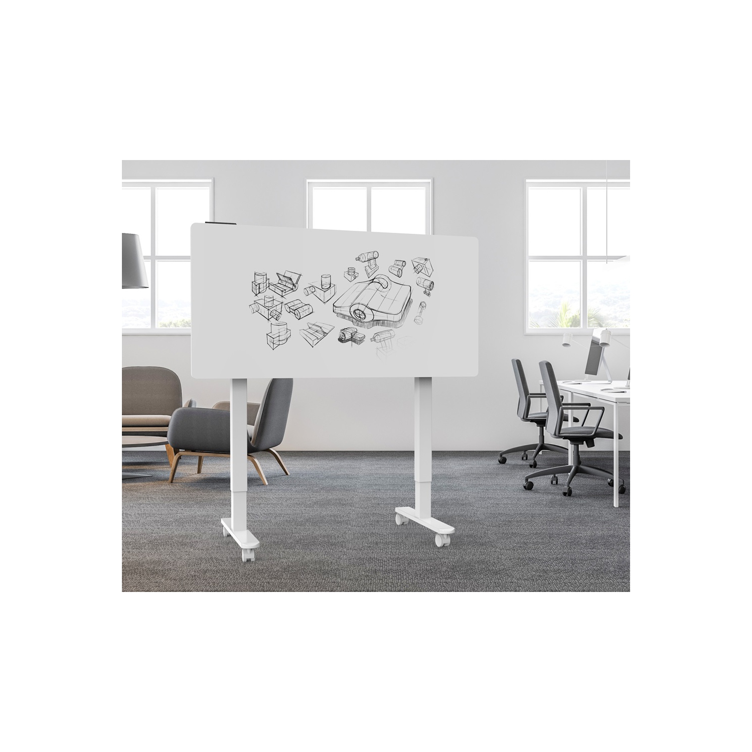 Bureau debout électrique à hauteur réglable de 48 x 24&nbsp;po avec tableau inclinable d'Uplite Mobile, tableau blanc effaçable à sec et roulettes,