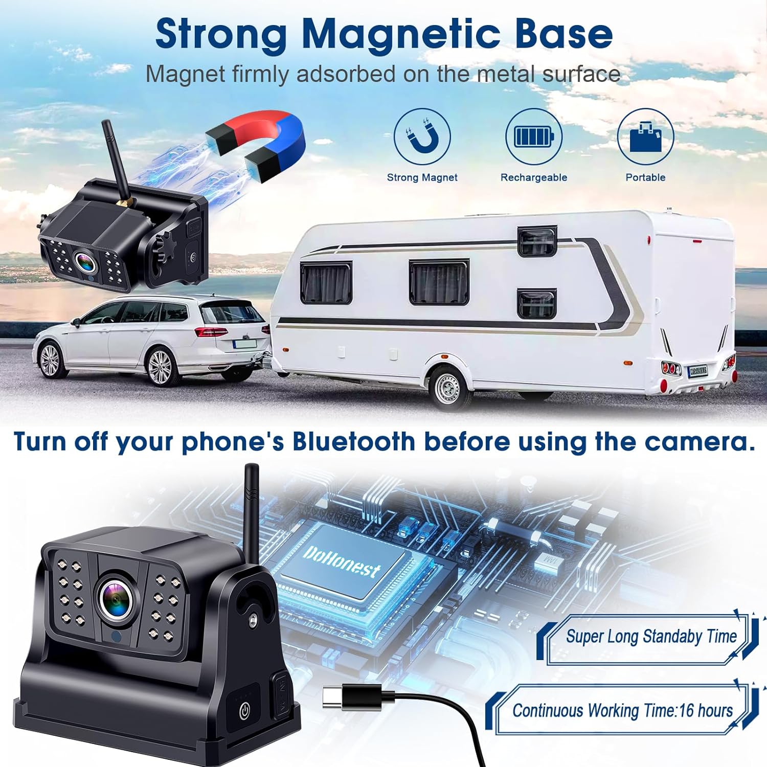 HD 1080P Wireless Backup Camera: Magnetic WiFi Rechargeable Rear