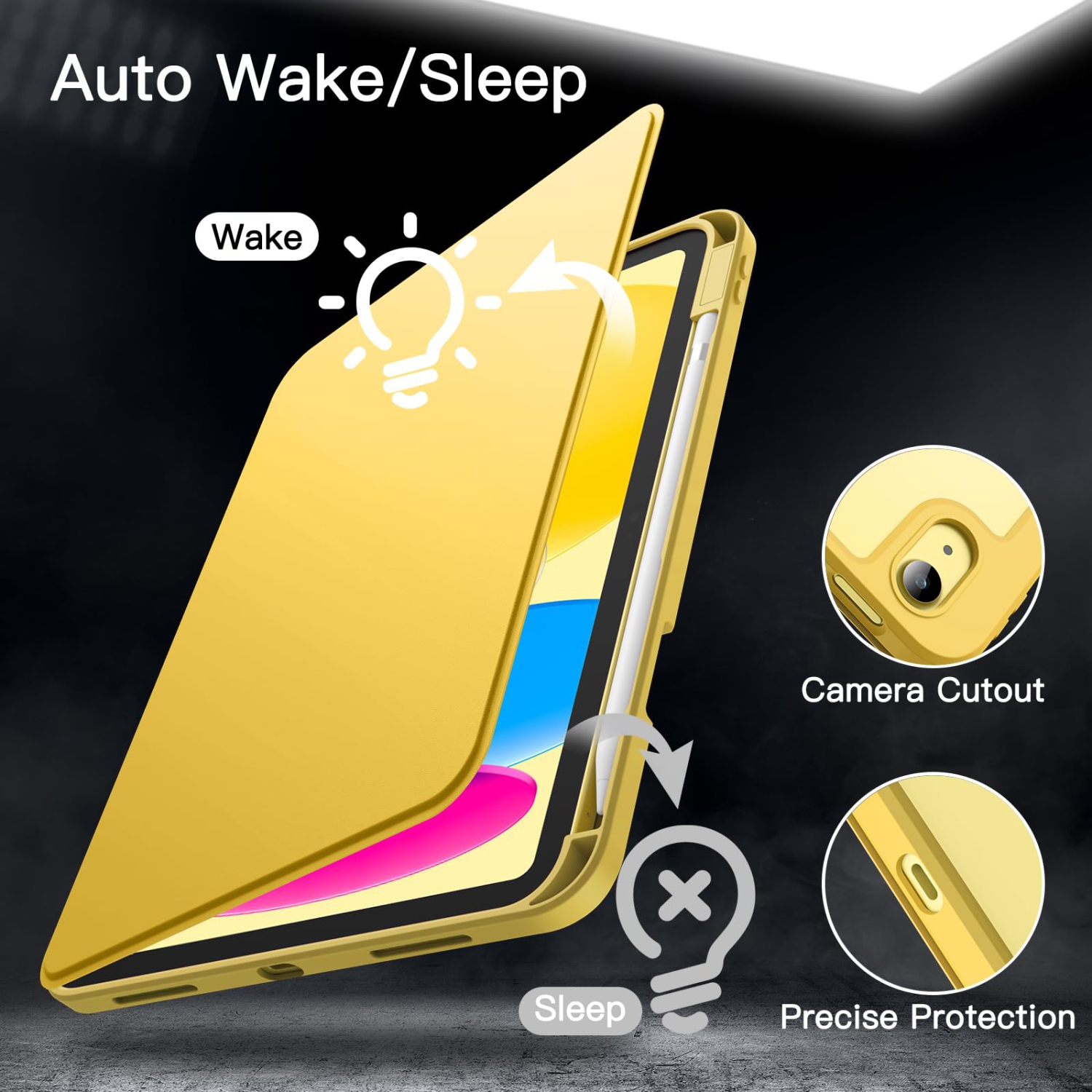 Rotating Case for iPad 10 with Pencil Holder, 360 Degree Rotation Protective Stand Cover Clear Back, Auto Wake/Sleep (Yellow)