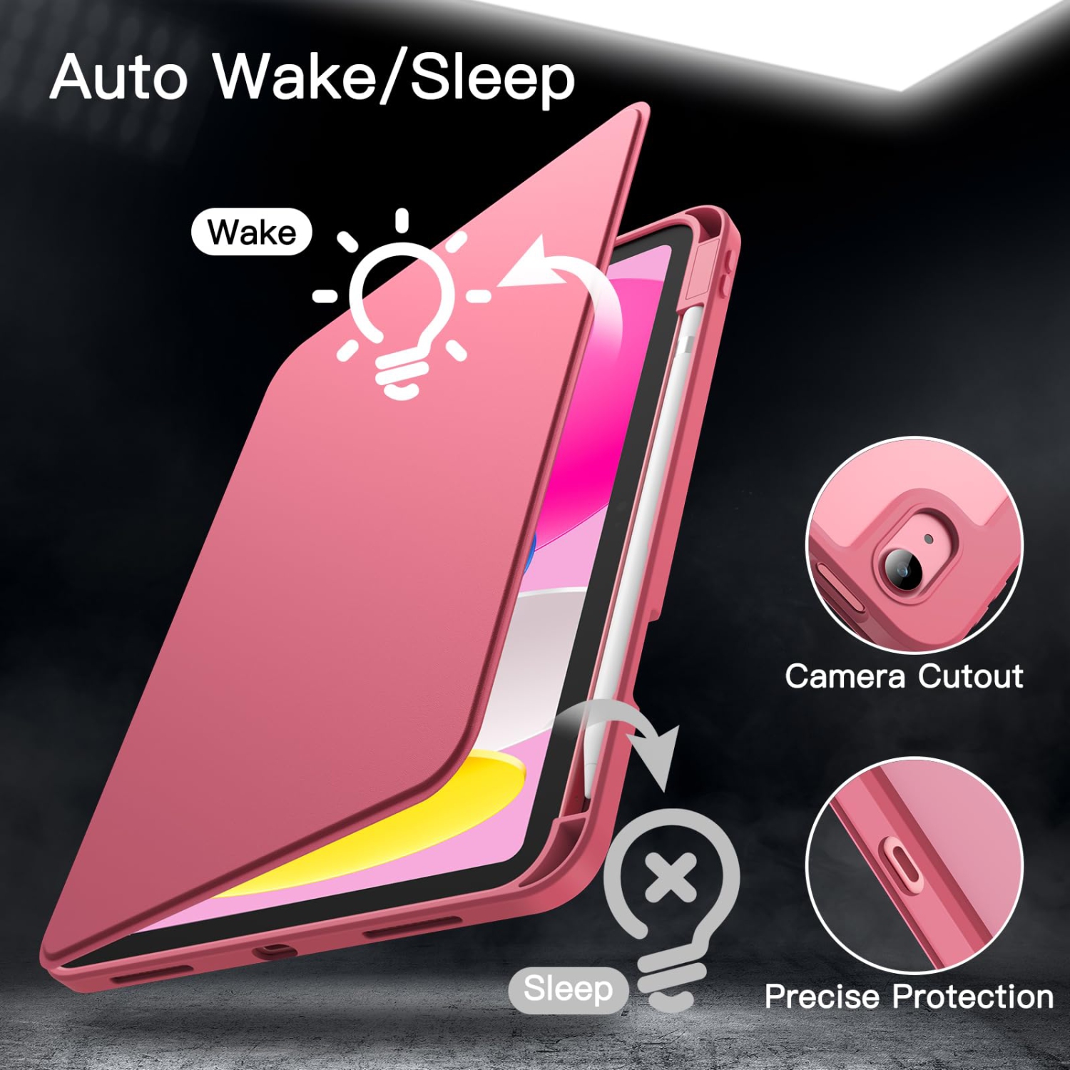 Étui rotatif pour iPad 10 avec porte-crayon, couvercle de support de protection pivotant sur 360 degrés, arrière transparent, réveil/veille