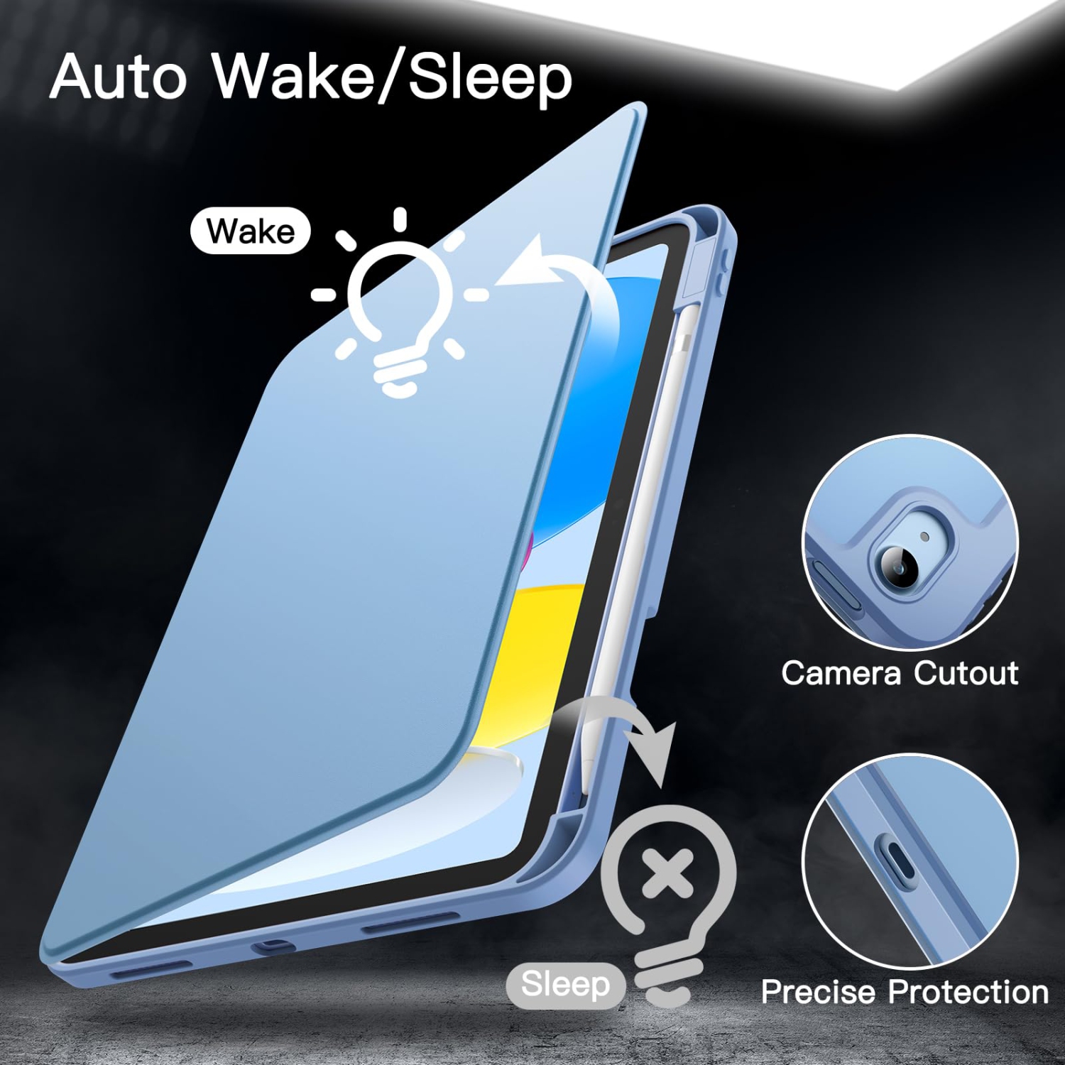 Rotating Case for iPad 10 with Pencil Holder, 360 Degree Rotation Protective Stand Cover Clear Back, Auto Wake/Sleep (Blue)