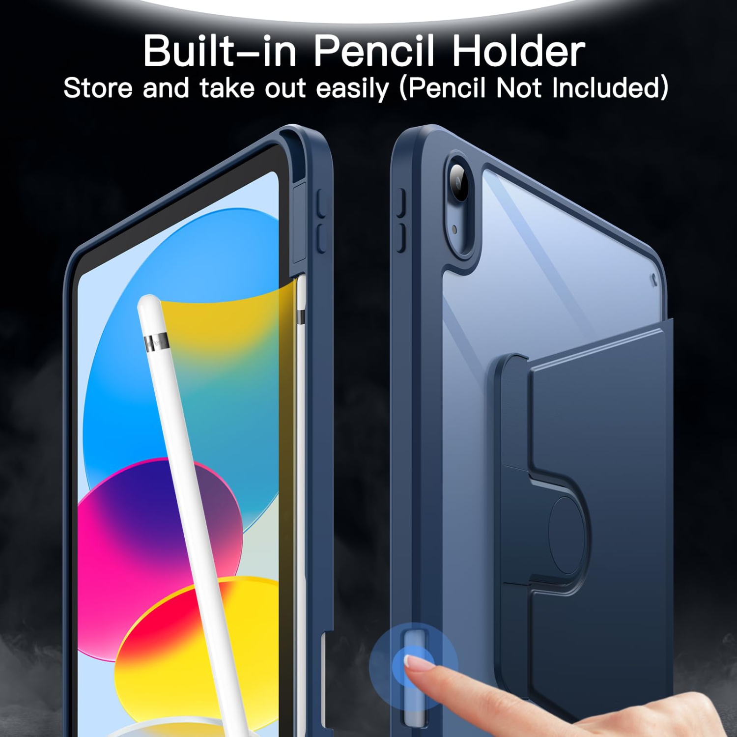 Rotating Case for iPad 10 with Pencil Holder, 360 Degree Rotation Protective Stand Cover Clear Back, Auto Wake/Sleep (Navy)