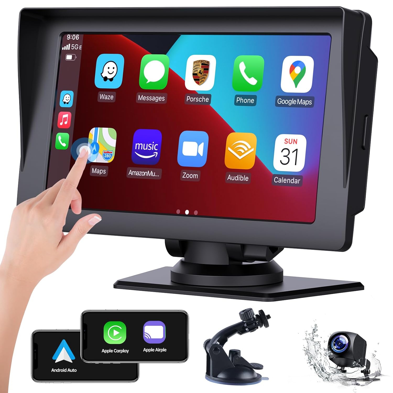 7-Inch Portable Wireless Car Stereo with Apple CarPlay & Android Auto: HD Touch Screen, Bluetooth, and Reverse Camera Included