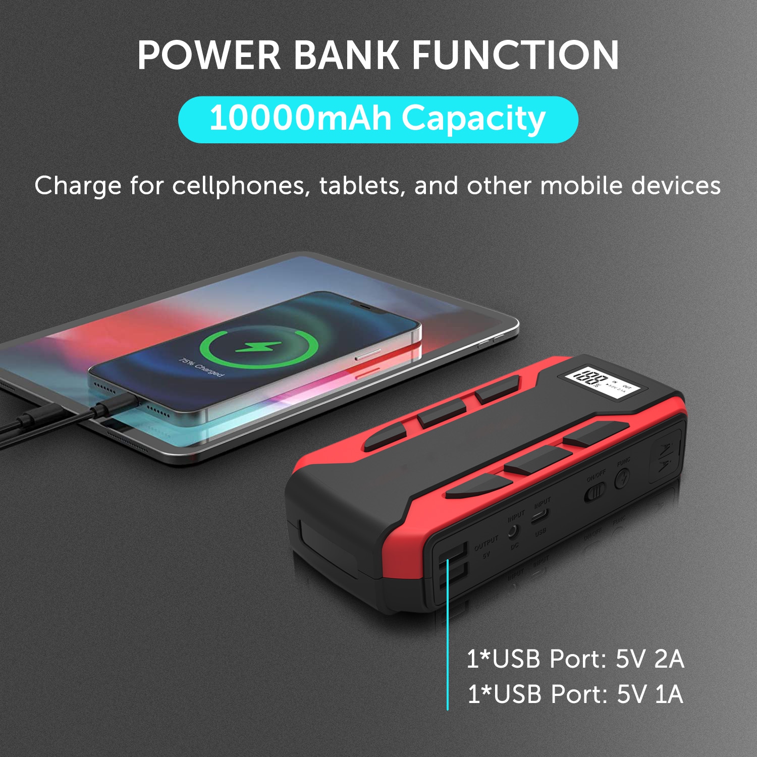 Démarreur de secours numérique portatif Alpha, Peak 10.000&nbsp;mAh de 800&nbsp;A, chargeur portable, lampe de poche DEL – Noir/rouge