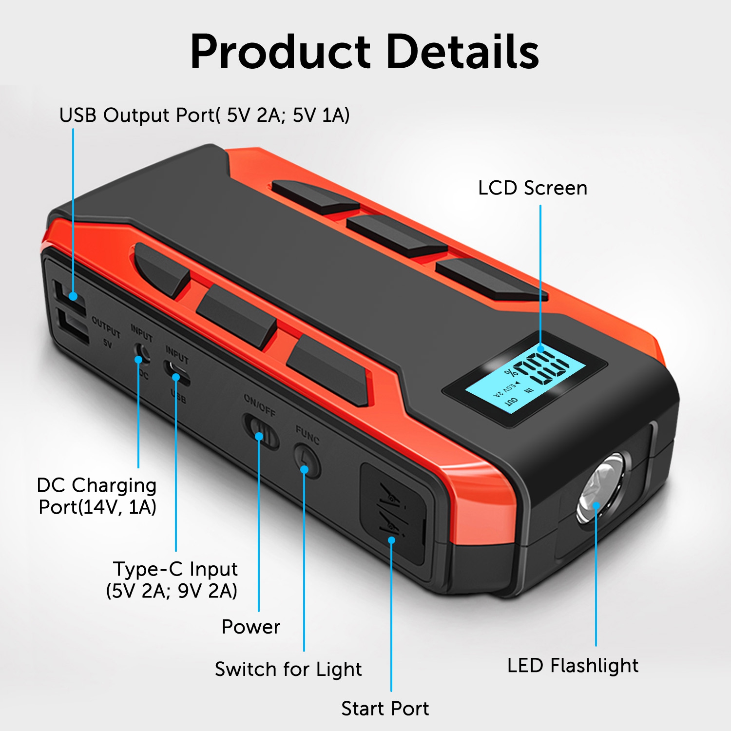 Démarreur de secours numérique portatif Alpha, Peak 10.000&nbsp;mAh de 800&nbsp;A, chargeur portable, lampe de poche DEL – Noir/rouge