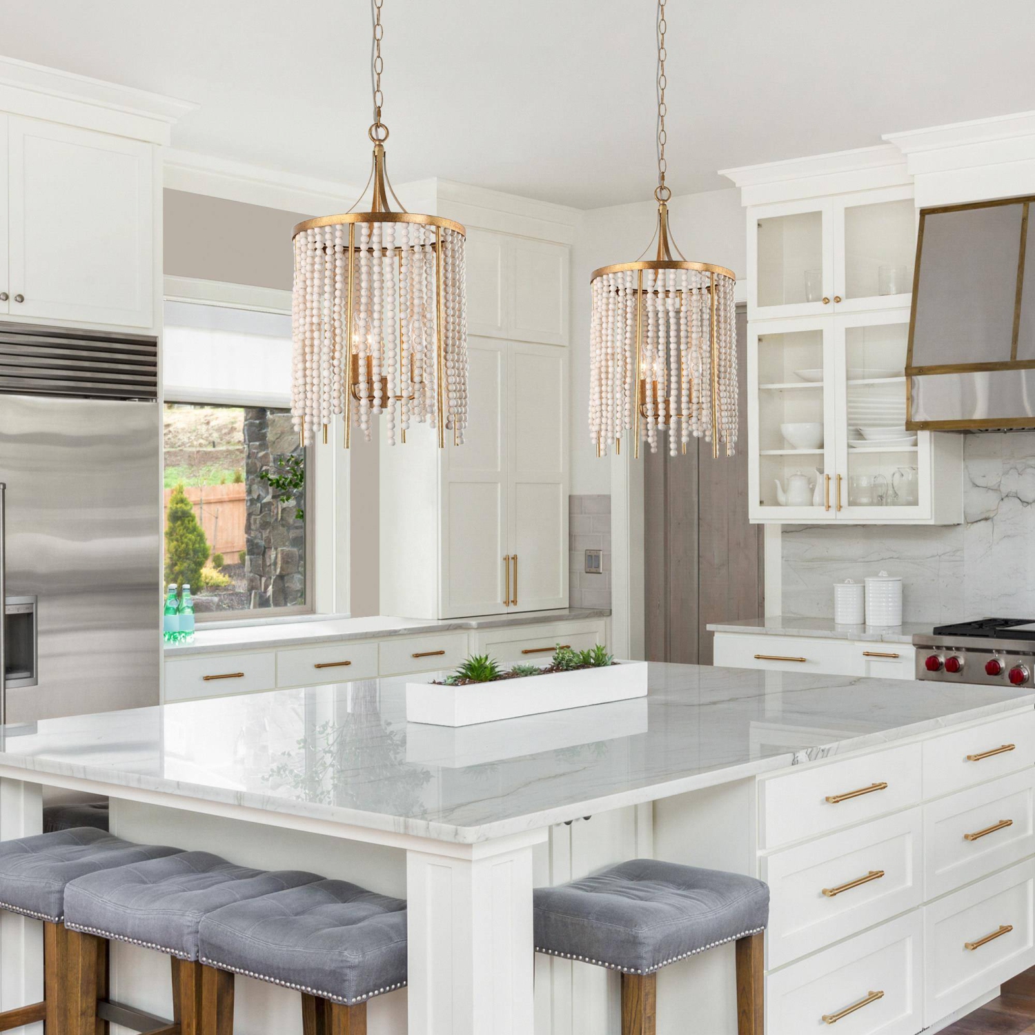 Lampe suspendue « Farmhouse Kitchen Island », chandelier doré antique à 3 lumières avec perles en bois