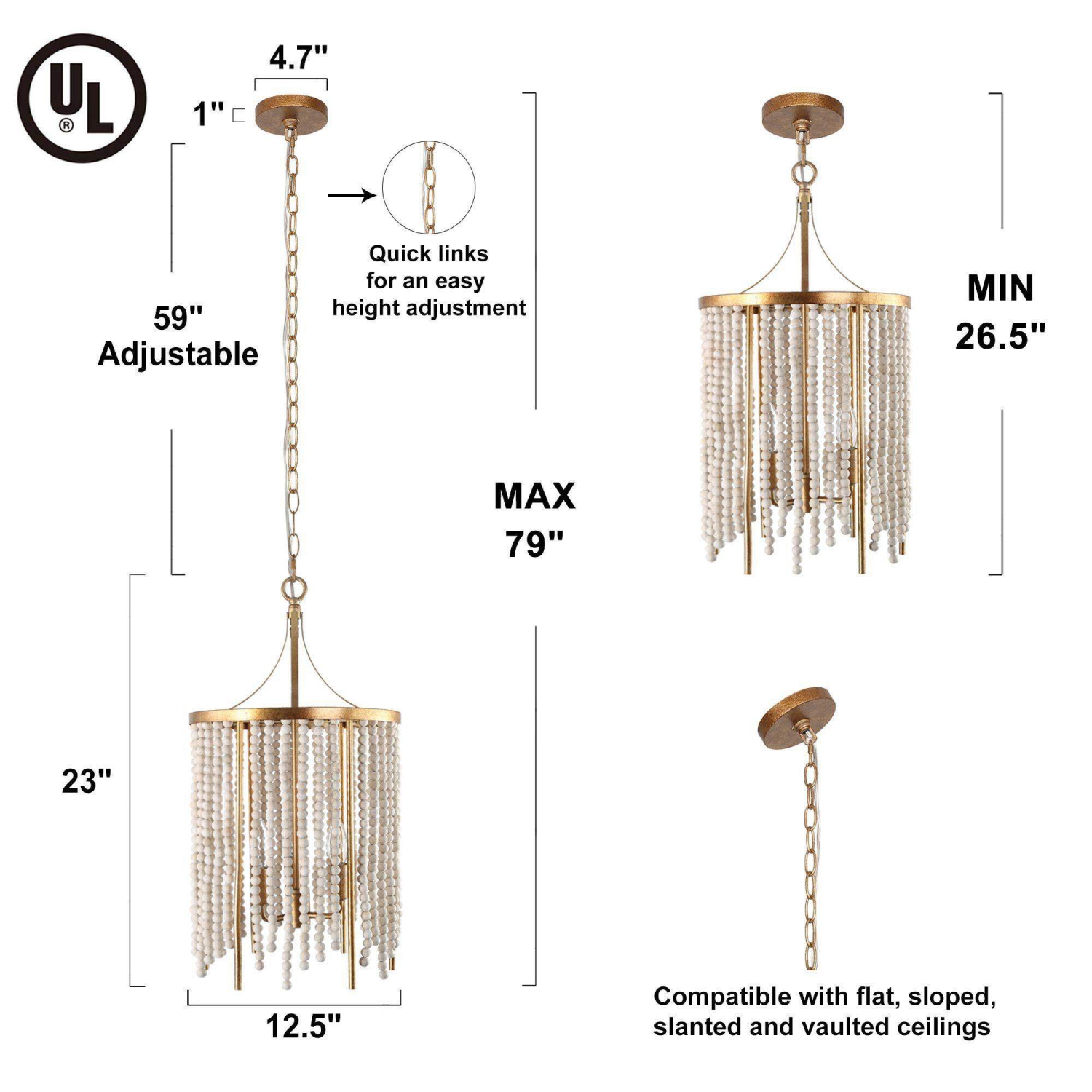 Lampe suspendue « Farmhouse Kitchen Island », chandelier doré antique à 3 lumières avec perles en bois