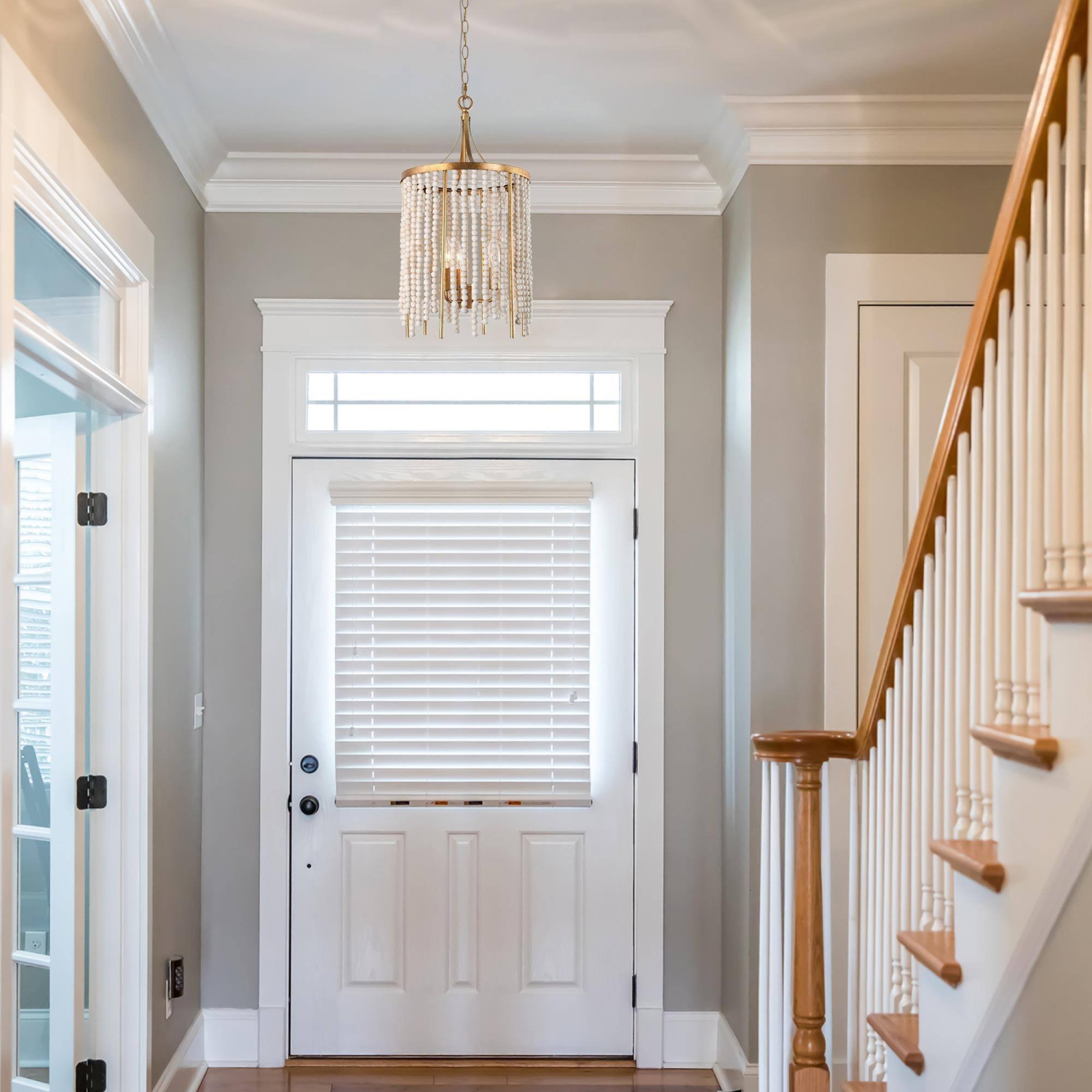 Lampe suspendue « Farmhouse Kitchen Island », chandelier doré antique à 3 lumières avec perles en bois