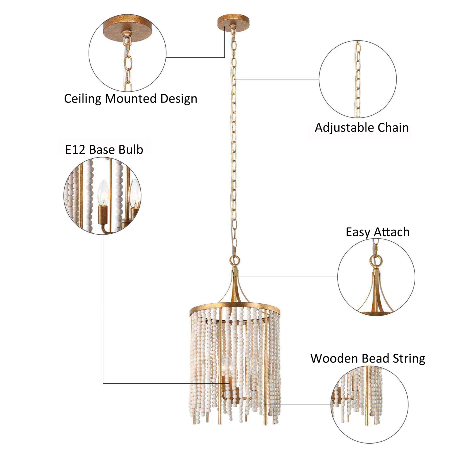 Lampe suspendue « Farmhouse Kitchen Island », chandelier doré antique à 3 lumières avec perles en bois