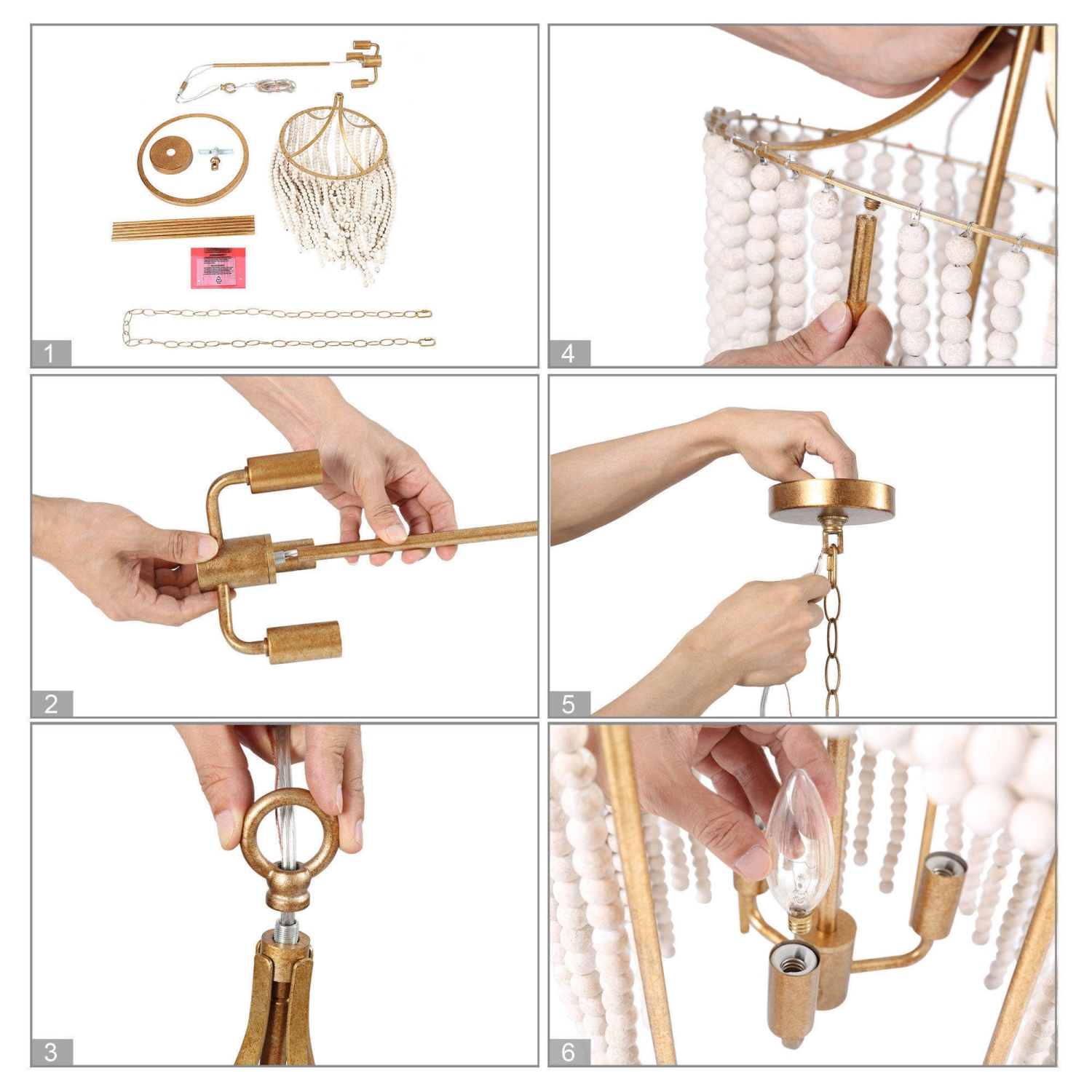 Lampe suspendue « Farmhouse Kitchen Island », chandelier doré antique à 3 lumières avec perles en bois