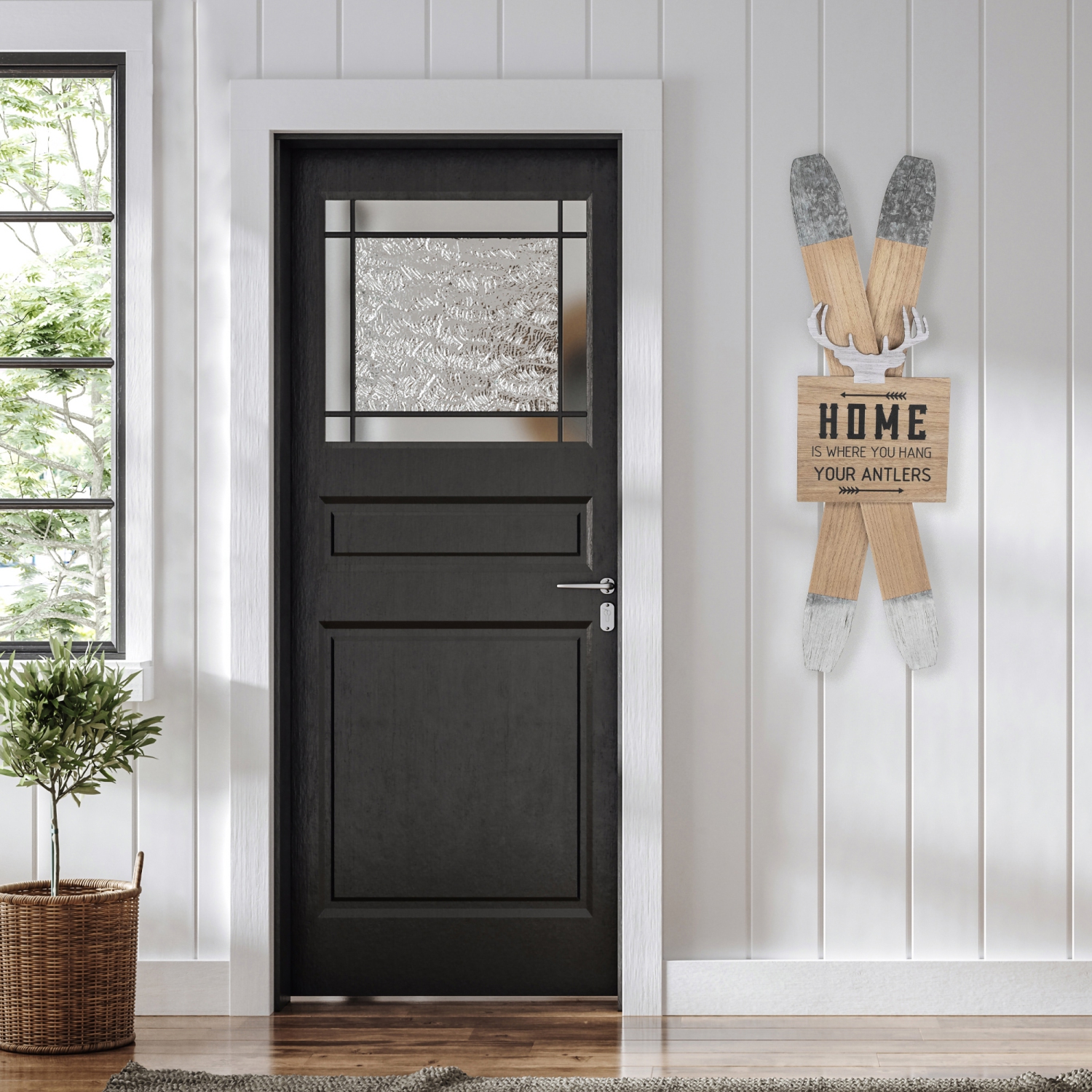 Wooden "Home is Where You Hang Your Antlers" Ski's Christmas Wall Sign - 35.75"