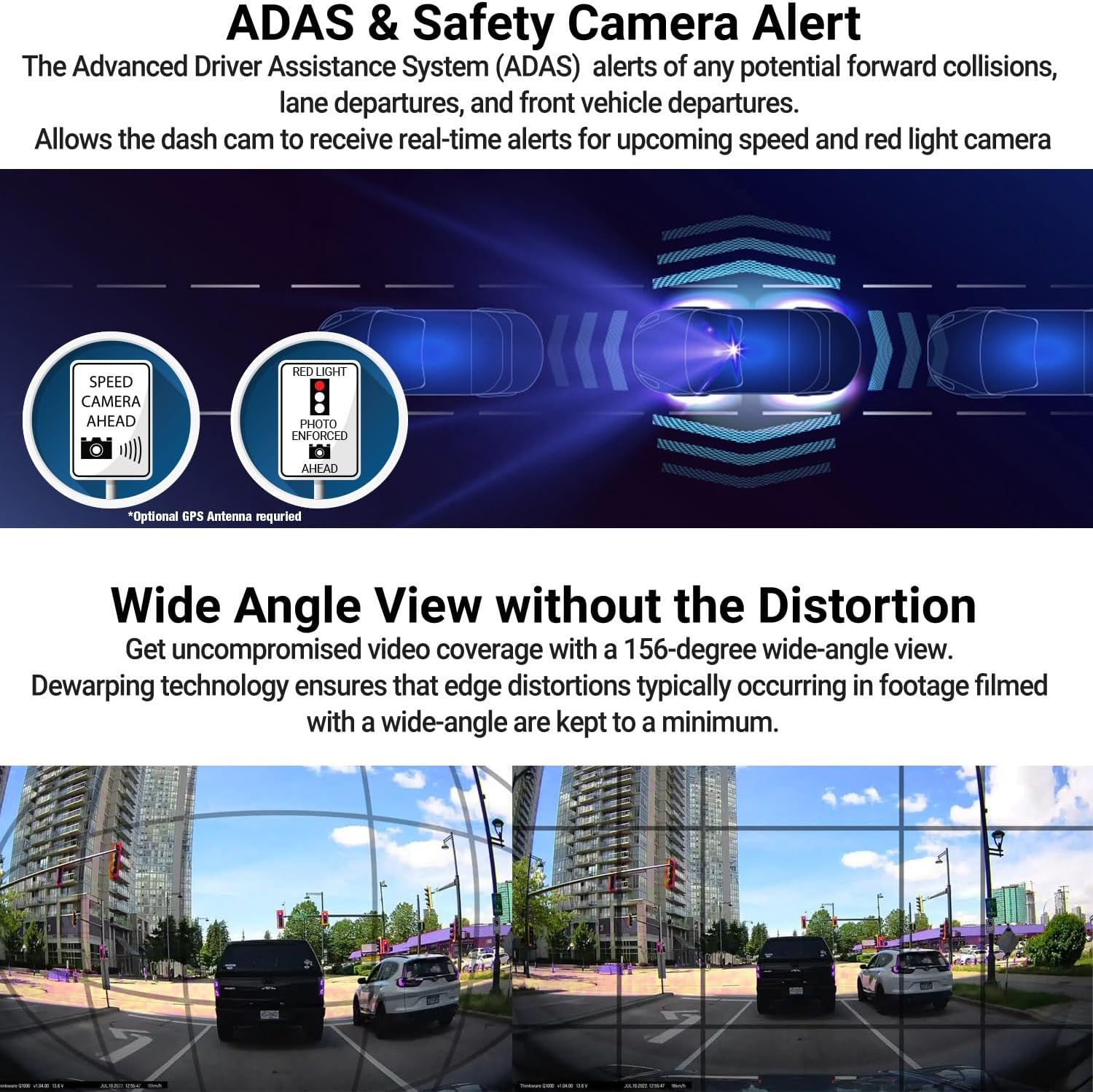 Caméra de tableau de bord avant 2K Q200 1ch de Thinkware, Wi-Fi, WDR, alertes de feu rouge de vitesse, ADAS, 256&nbsp;Go Max, moniteur de