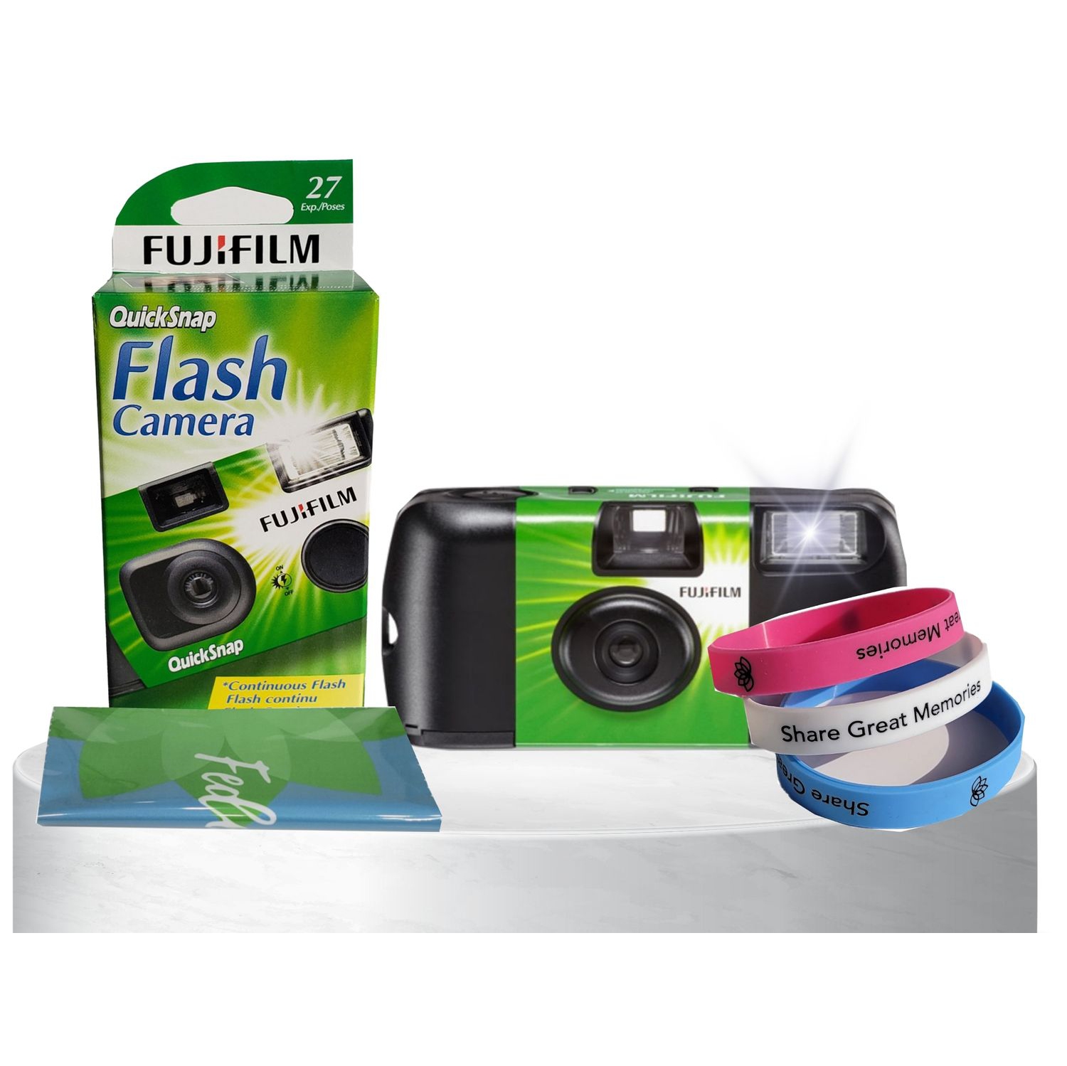 Fujifilm QuickSnap Flash 400 Disposable 35mm Camera Plus a Bonus Eco-Friendly Silicone Wrist Band and a Microfiber Cleaning Cloth