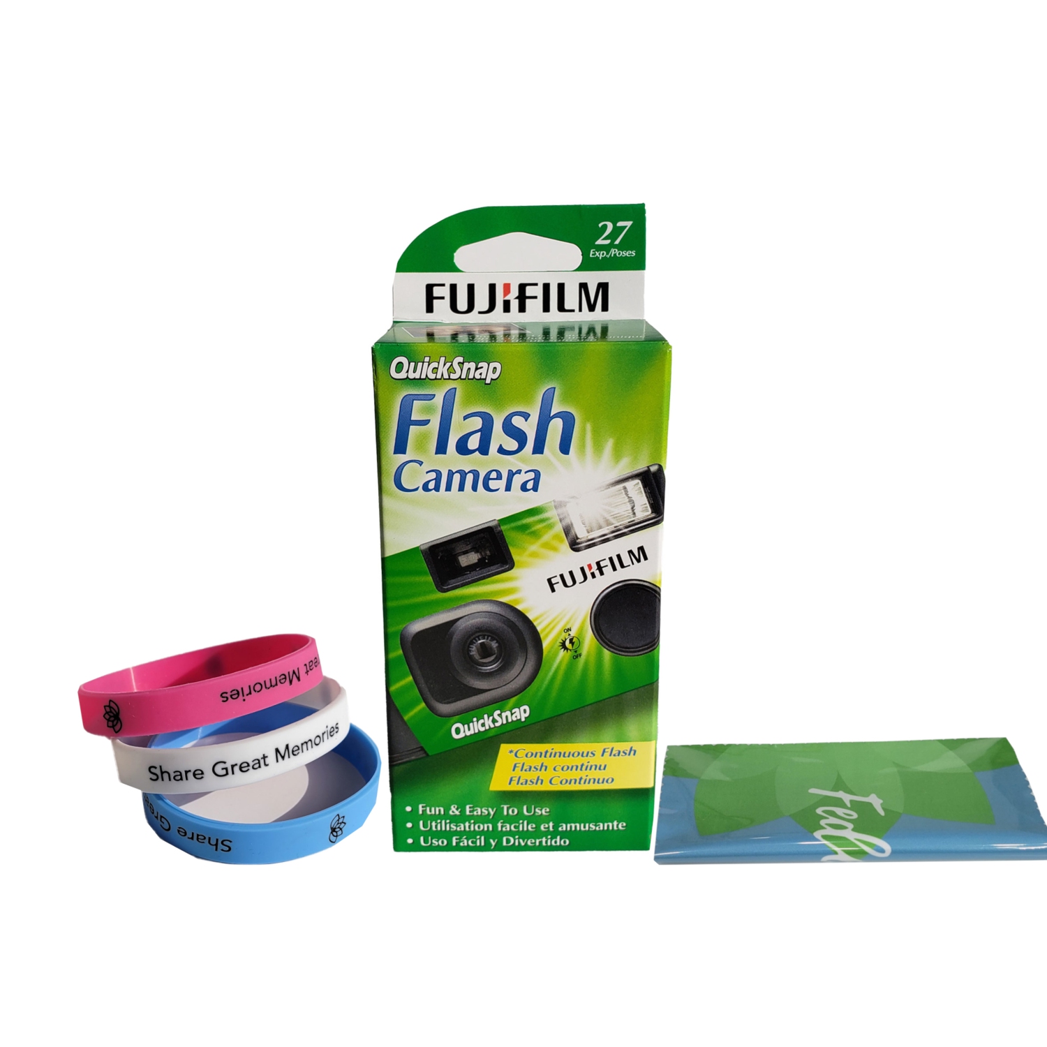 Fujifilm QuickSnap Flash 400 Disposable 35mm Camera Plus a Bonus Eco-Friendly Silicone Wrist Band and a Microfiber Cleaning Cloth