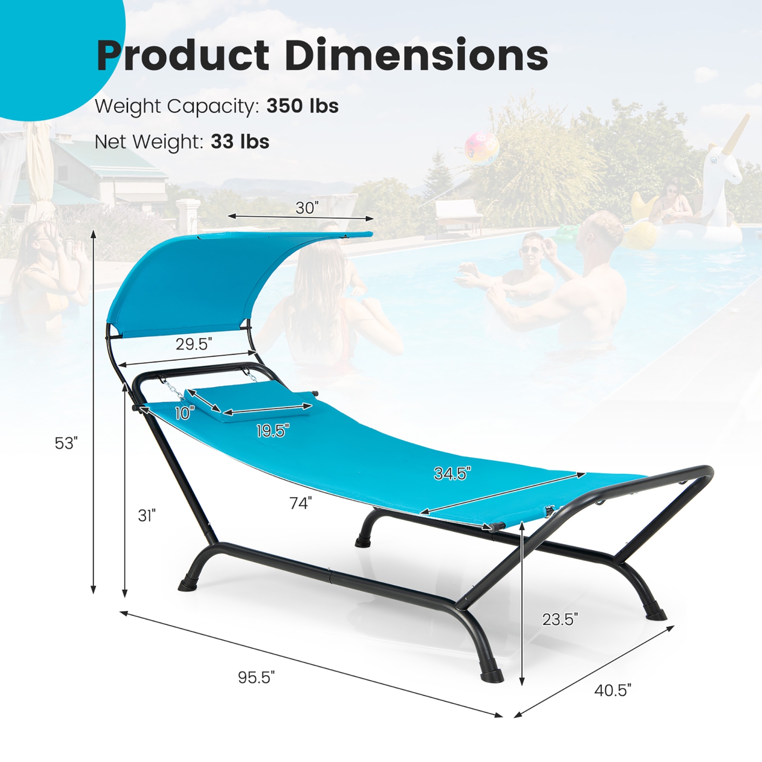 Gymax Chaise Lounge Bed w/ Detachable Sunshade Canopy Hammock w/ Rustproof Metal Stand
