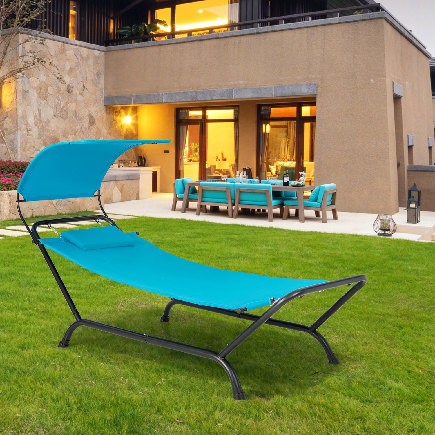 Gymax Chaise Lounge Bed w/ Detachable Sunshade Canopy Hammock w/ Rustproof Metal Stand