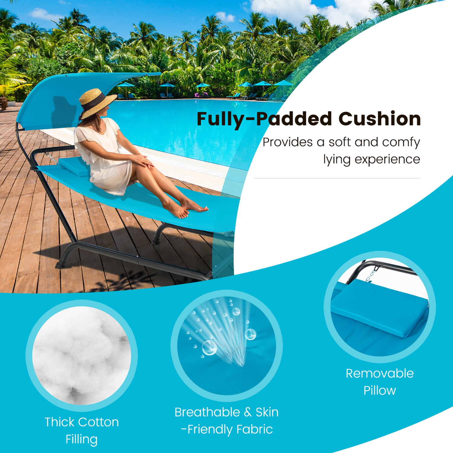 Gymax Chaise Lounge Bed w/ Detachable Sunshade Canopy Hammock w/ Rustproof Metal Stand