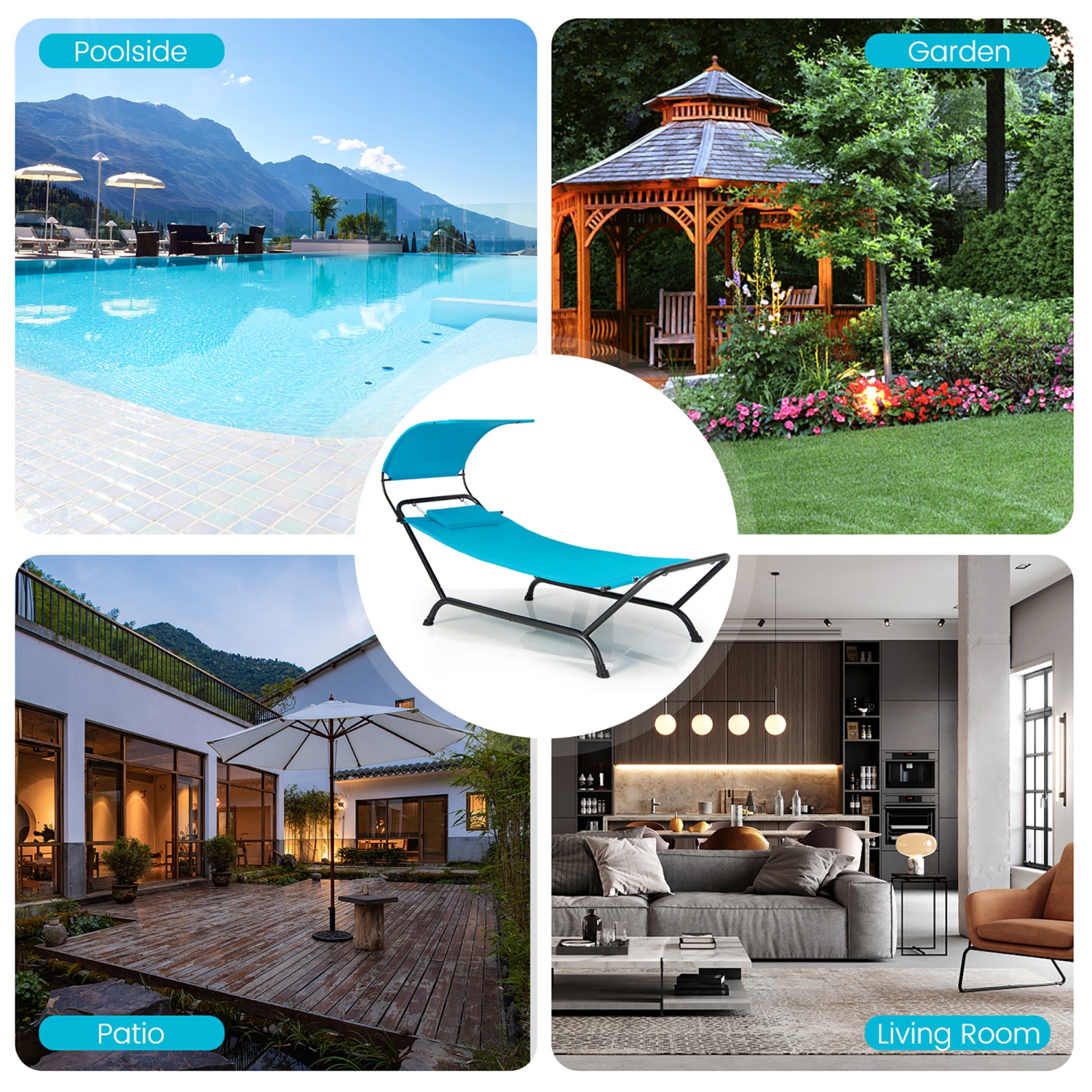 Gymax Chaise Lounge Bed w/ Detachable Sunshade Canopy Hammock w/ Rustproof Metal Stand