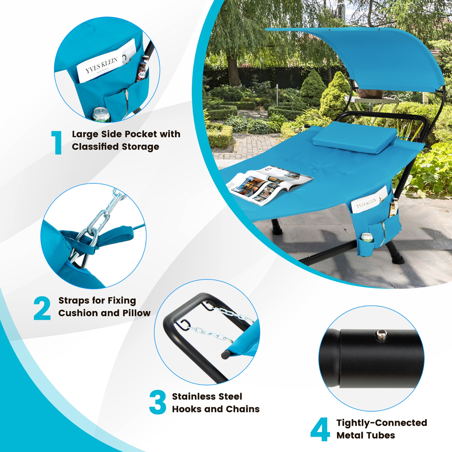 Gymax Chaise Lounge Bed w/ Detachable Sunshade Canopy Hammock w/ Rustproof Metal Stand