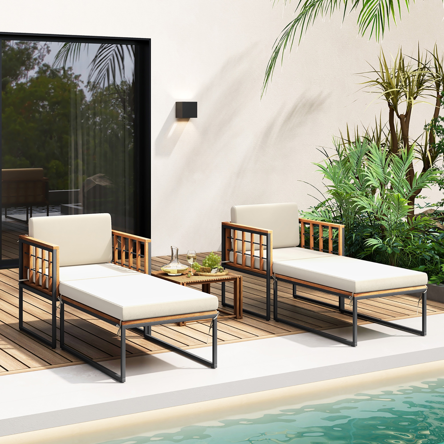 Gymax 2PCS Outdoor Chaise Lounge Chair Acacia Wood Heavy Duty 1200 lbs Weight Capacity