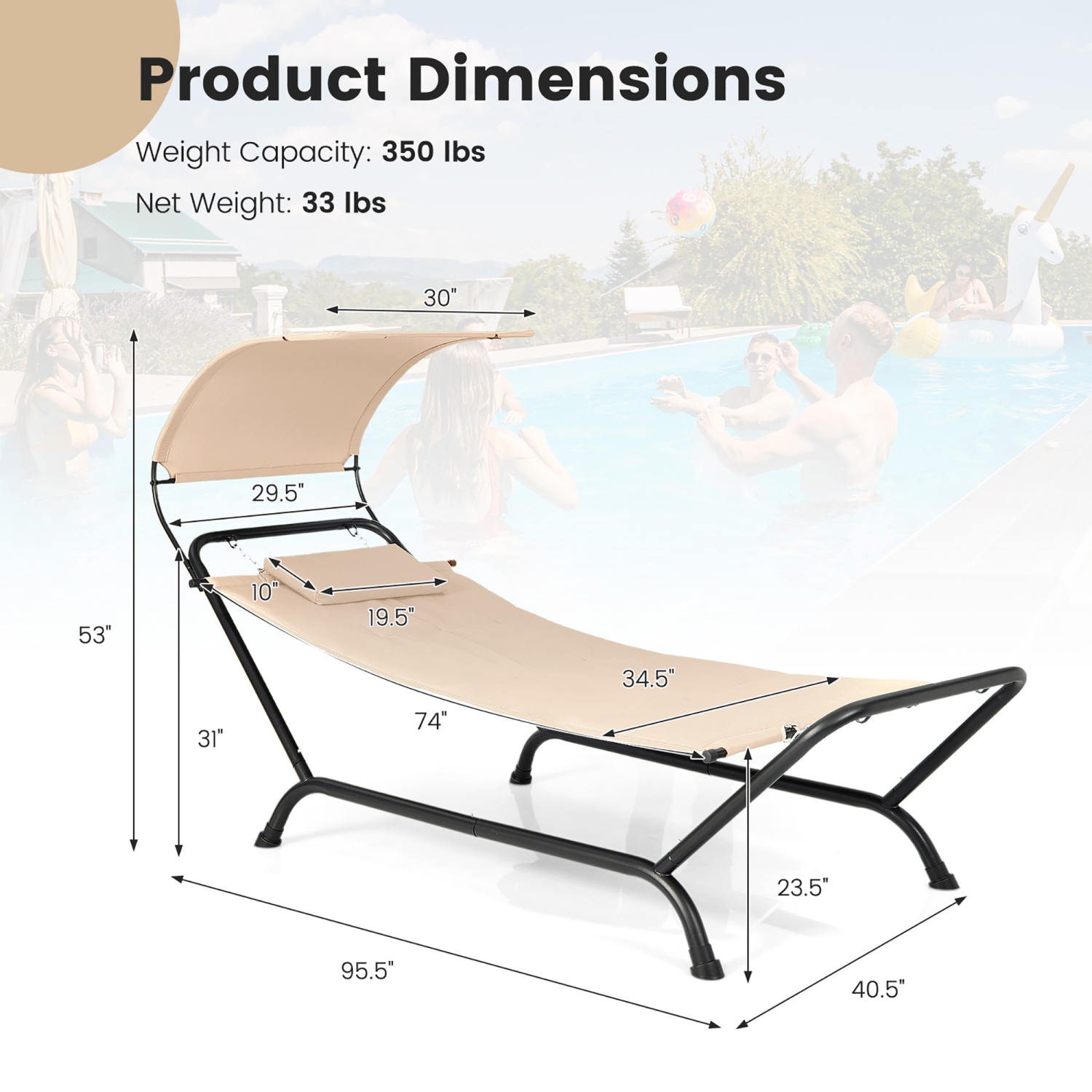 Gymax Chaise Lounge Bed w/ Detachable Sunshade Canopy Hammock w/ Rustproof Metal Stand