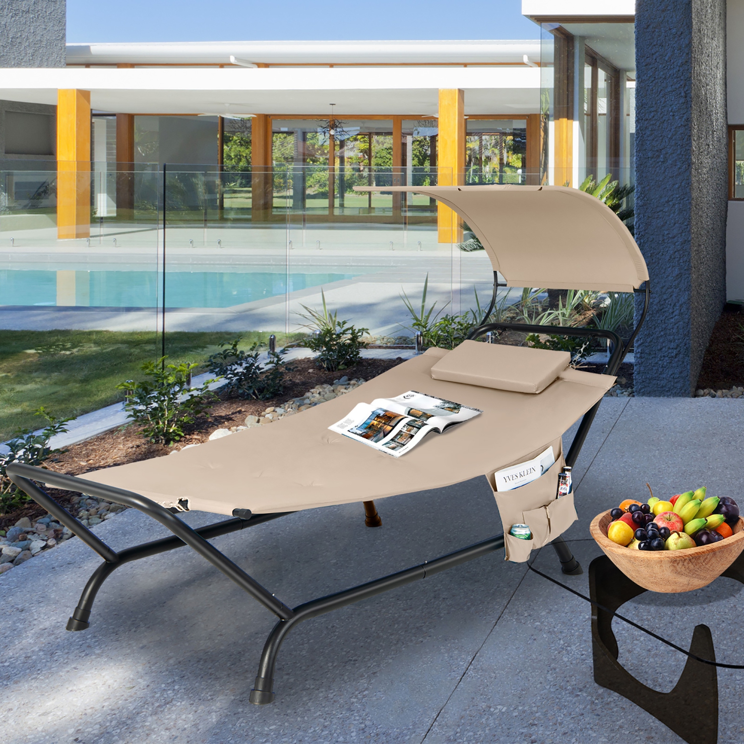 Gymax Chaise Lounge Bed w/ Detachable Sunshade Canopy Hammock w/ Rustproof Metal Stand