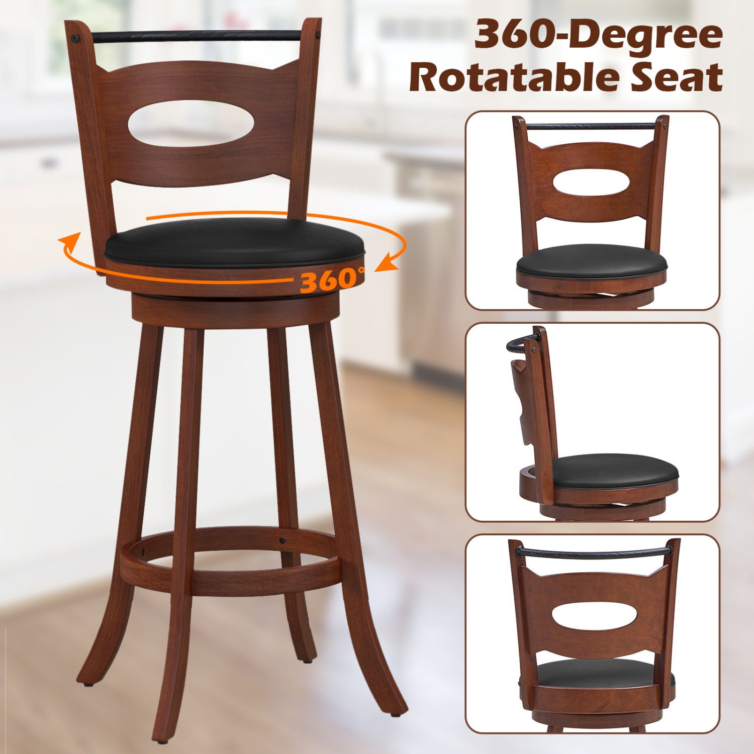 Gymax 4PCS 360° Swivel Bar Stools Dining Chairs Solid Rubber Wood Leather Padded Brown & Black