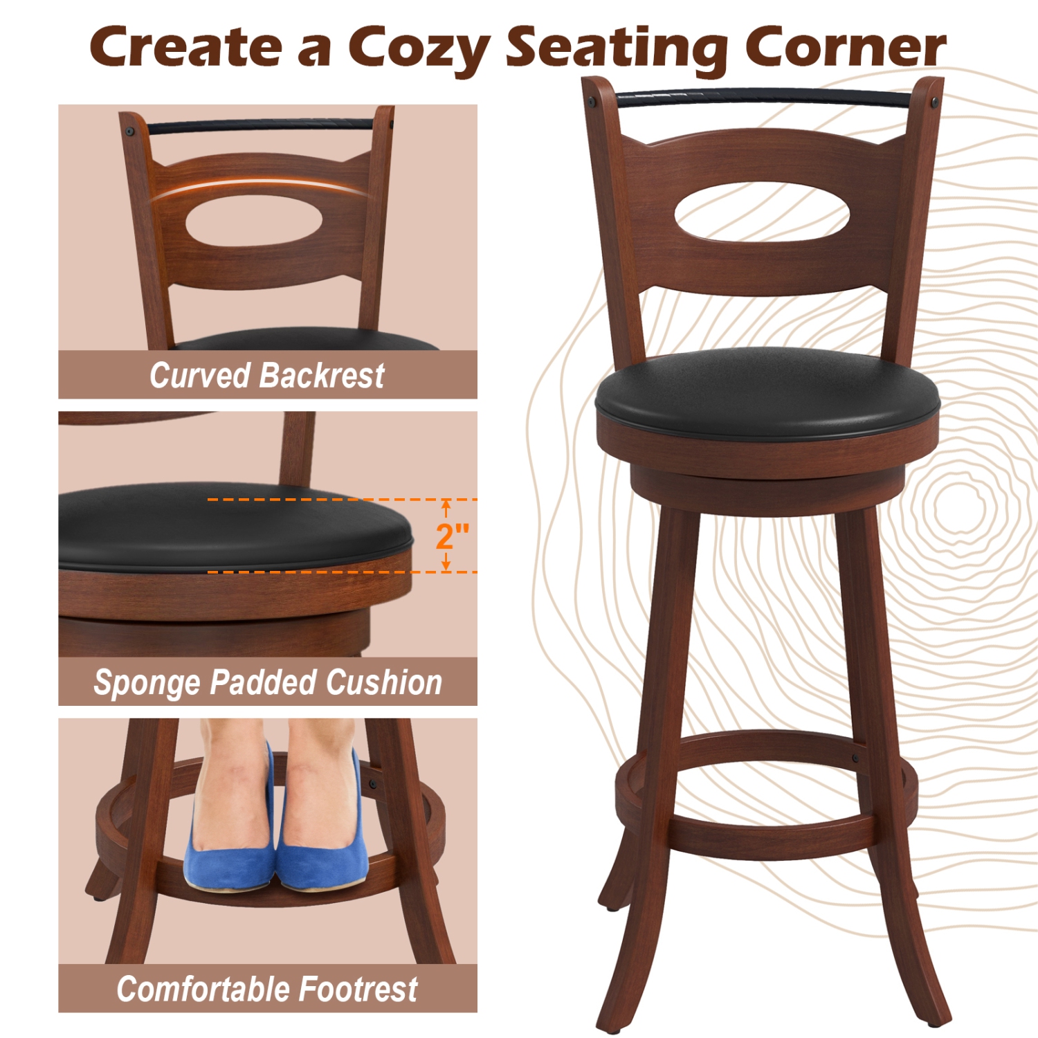 Gymax 4PCS 360° Swivel Bar Stools Dining Chairs Solid Rubber Wood Leather Padded Brown & Black