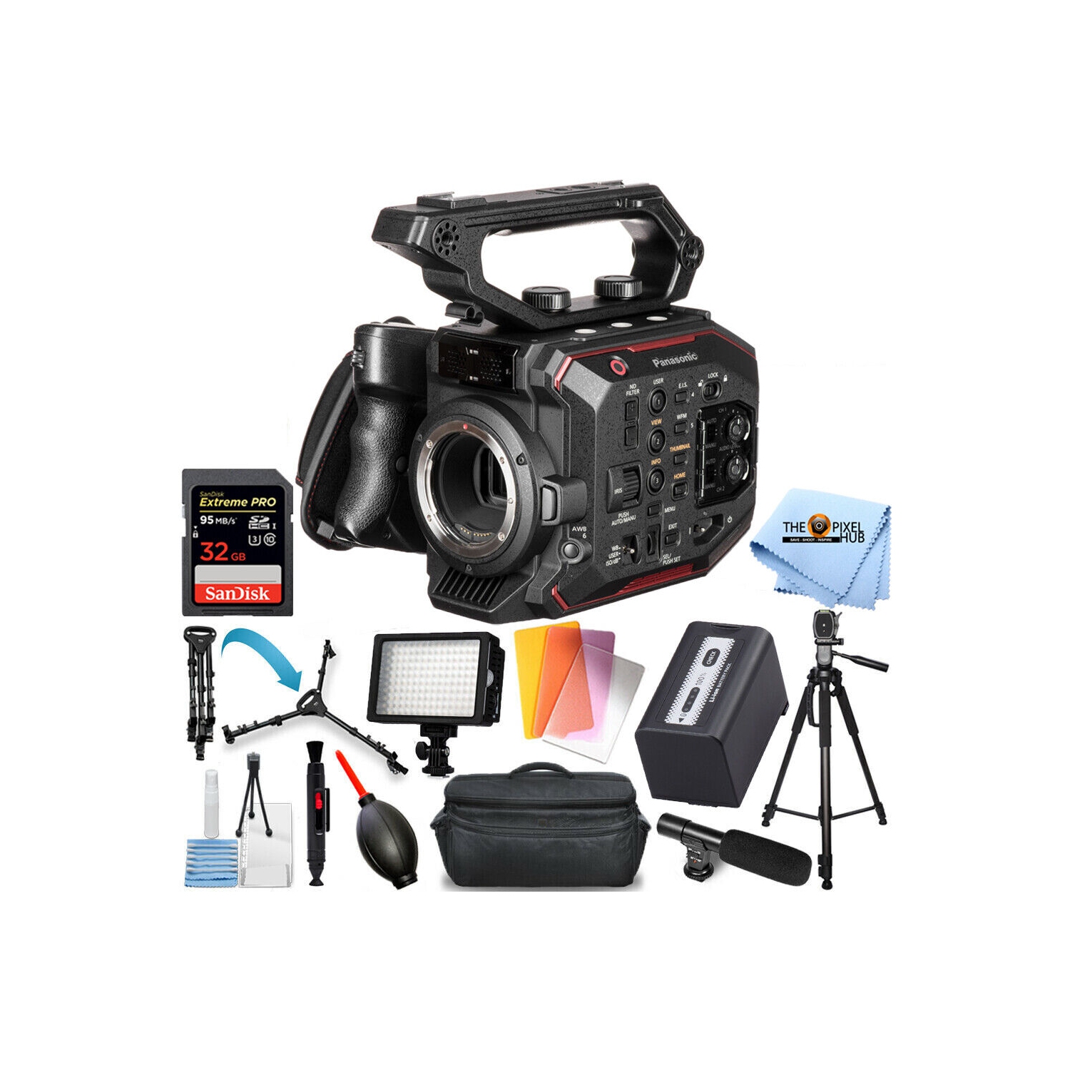 Appareil photo cinéma compact 5,7K Super 35&nbsp;mm au-EVA1 de Panasonic + 64&nbsp;Go + trousse d'éclairage DEL