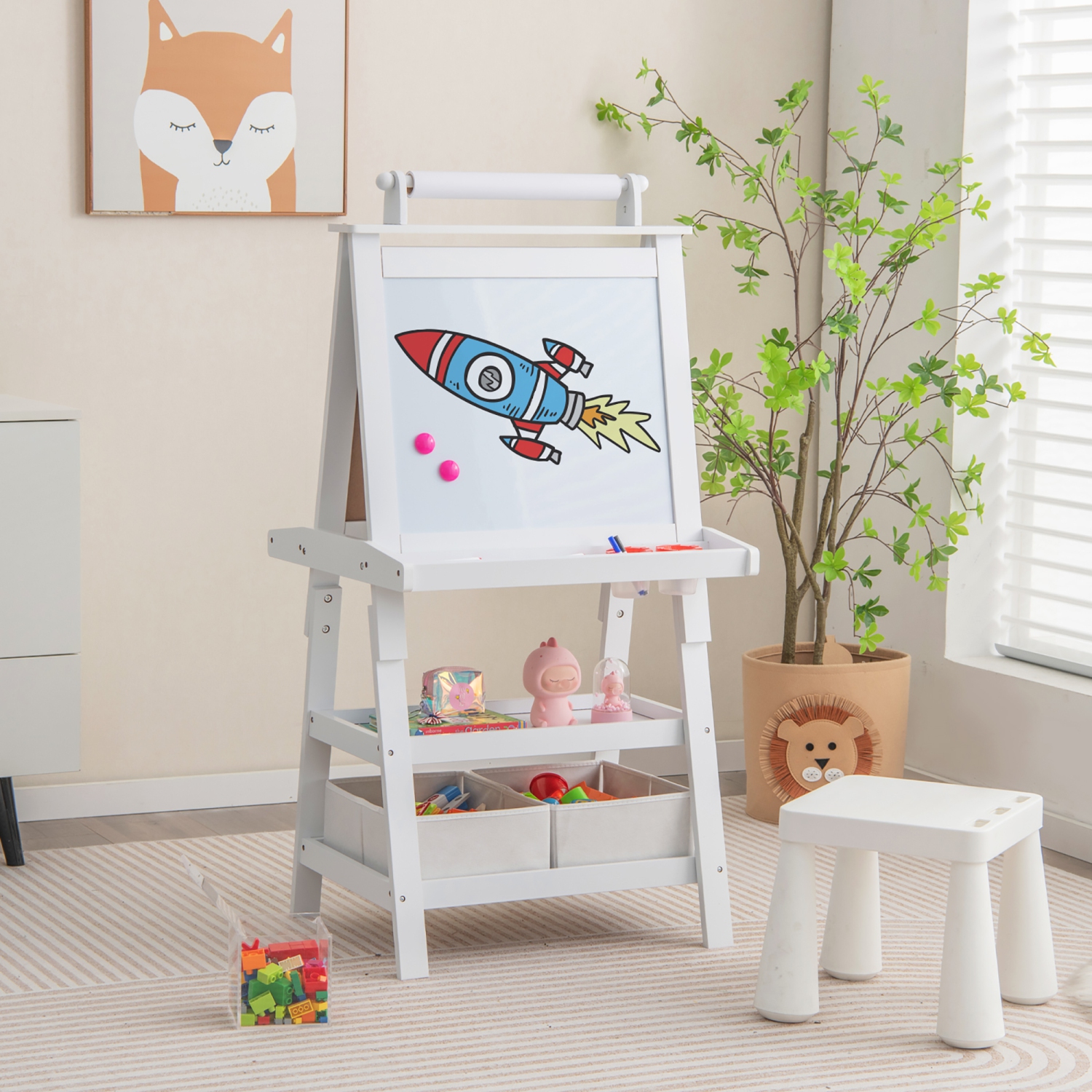 Gymax 3 in 1 Double-Sided Storage Art Easel w/Paint Cups for Kid Writing Teal Frosting White