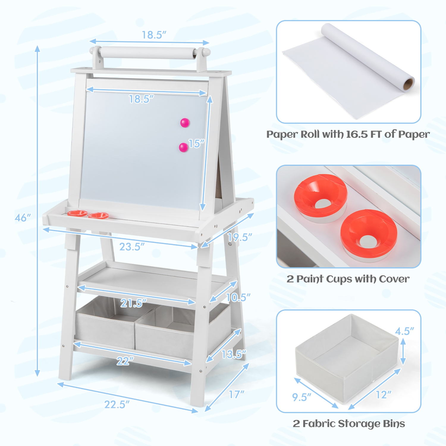 Gymax 3 in 1 Double-Sided Storage Art Easel w/Paint Cups for Kid Writing Teal Frosting White