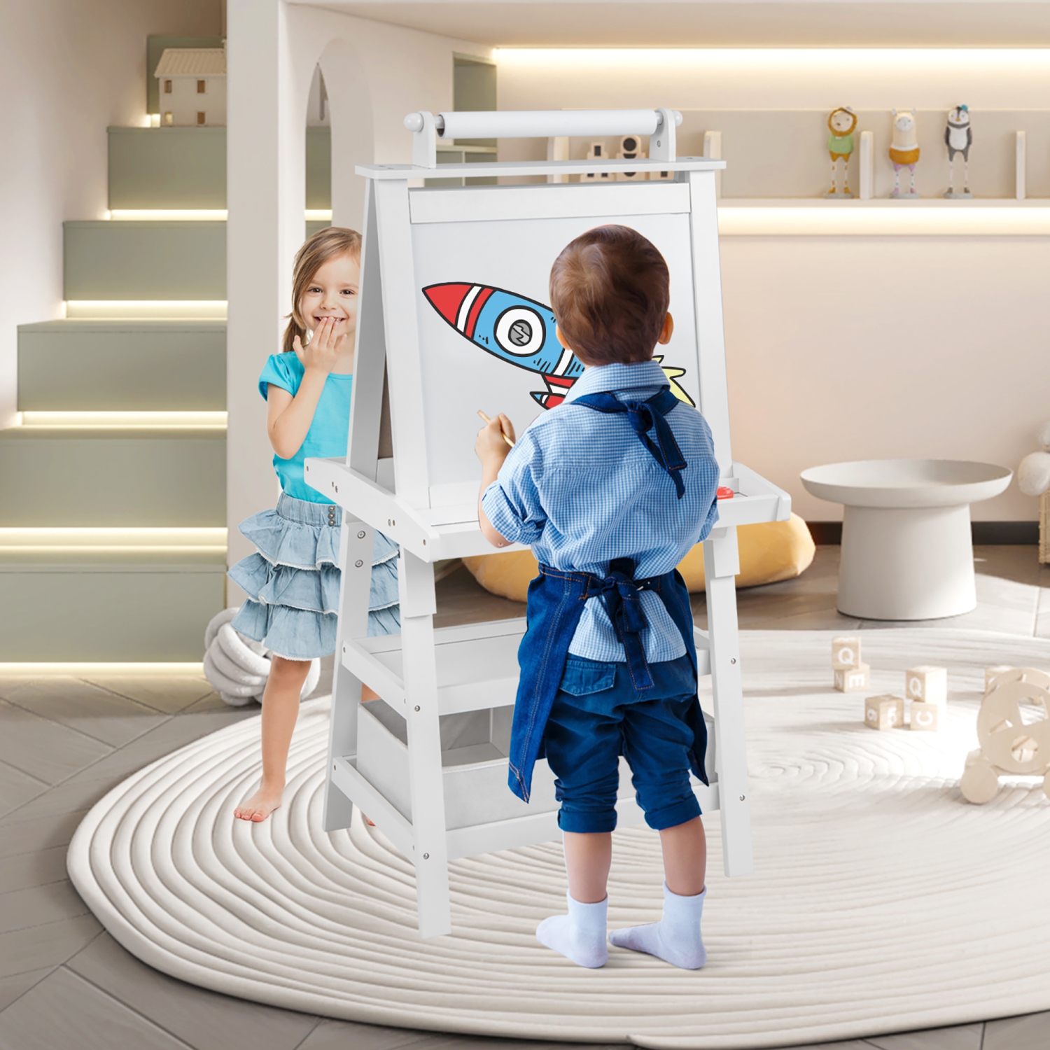 Gymax 3 in 1 Double-Sided Storage Art Easel w/Paint Cups for Kid Writing Teal Frosting White