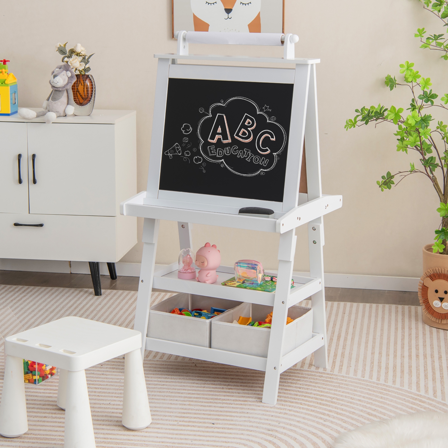 Gymax 3 in 1 Double-Sided Storage Art Easel w/Paint Cups for Kid Writing Teal Frosting White